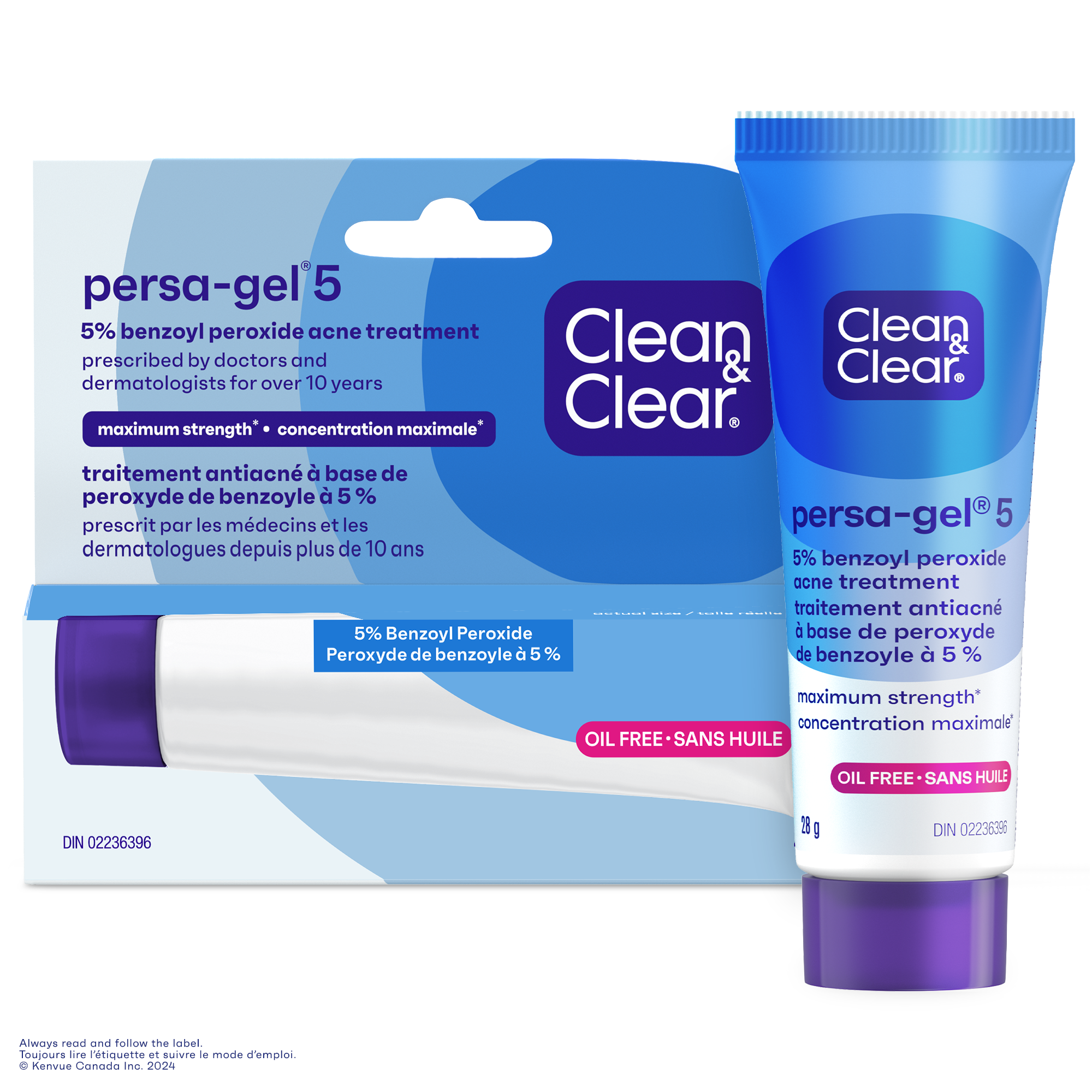 Front shot of new CLEAN & CLEAR® PERSA-GEL® 5 Benzoyl Peroxide acne treatment gel with new oil free formula tube and its packaging  