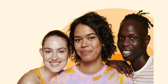 A banner displaying three multicultural teenagers smiling