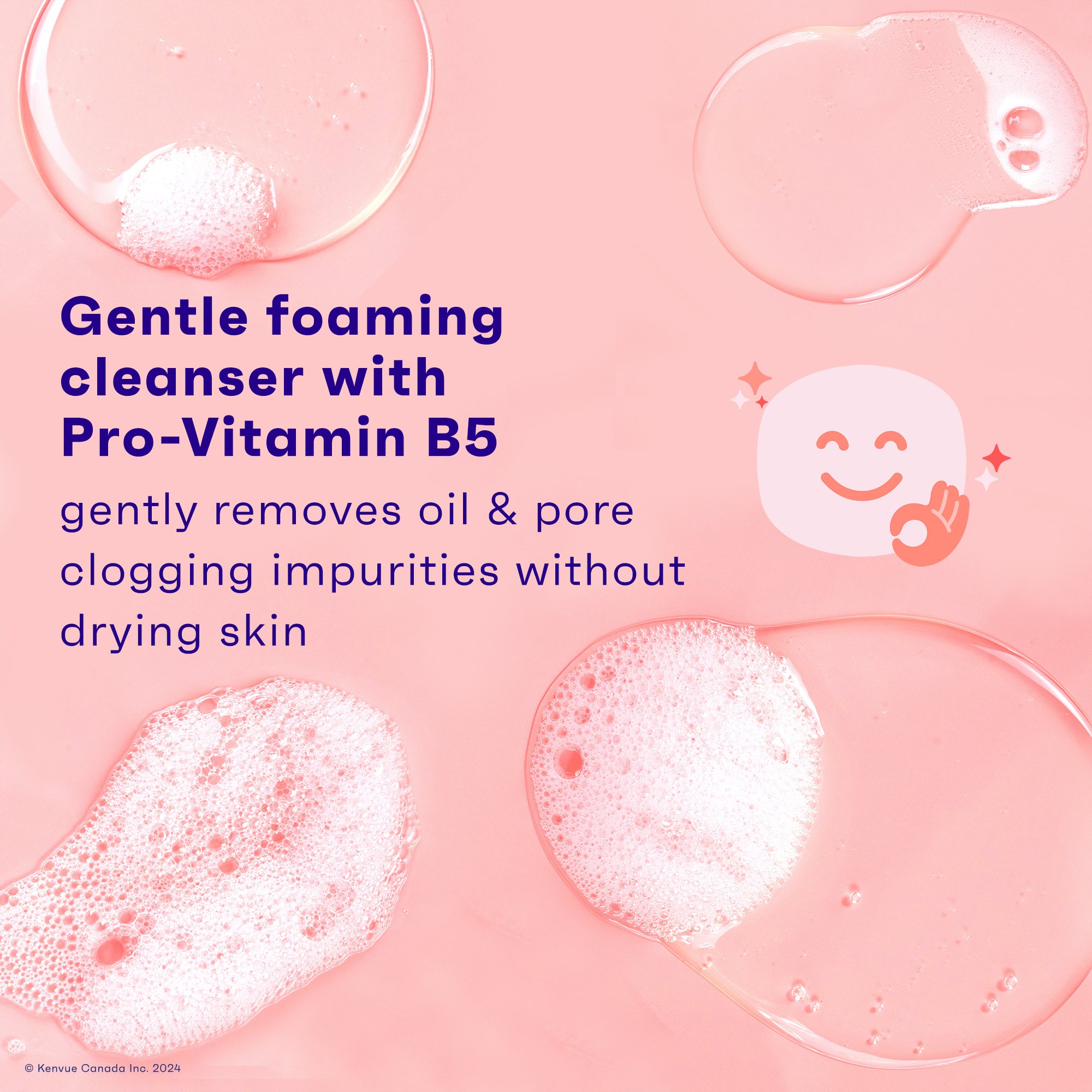 Foam and bubbles from foaming cleanser product next to 'looking good' icon