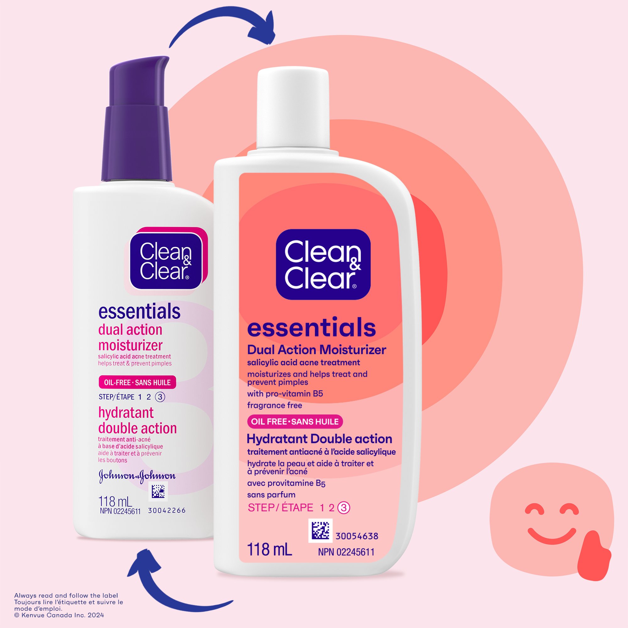 Front shot of two Clean & Clear Essentials® Dual Action Moisturizer bottles with a regular cap and pump cap