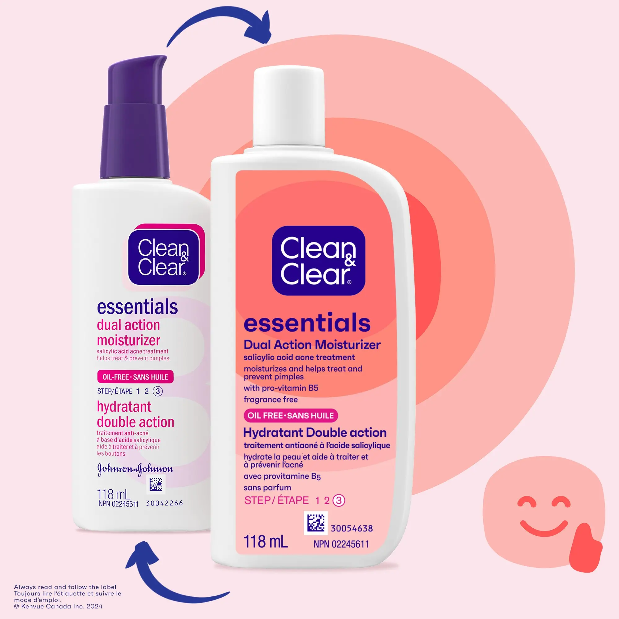 Front shot of two Clean & Clear Essentials® Dual Action Moisturizer bottles with a regular cap and pump cap