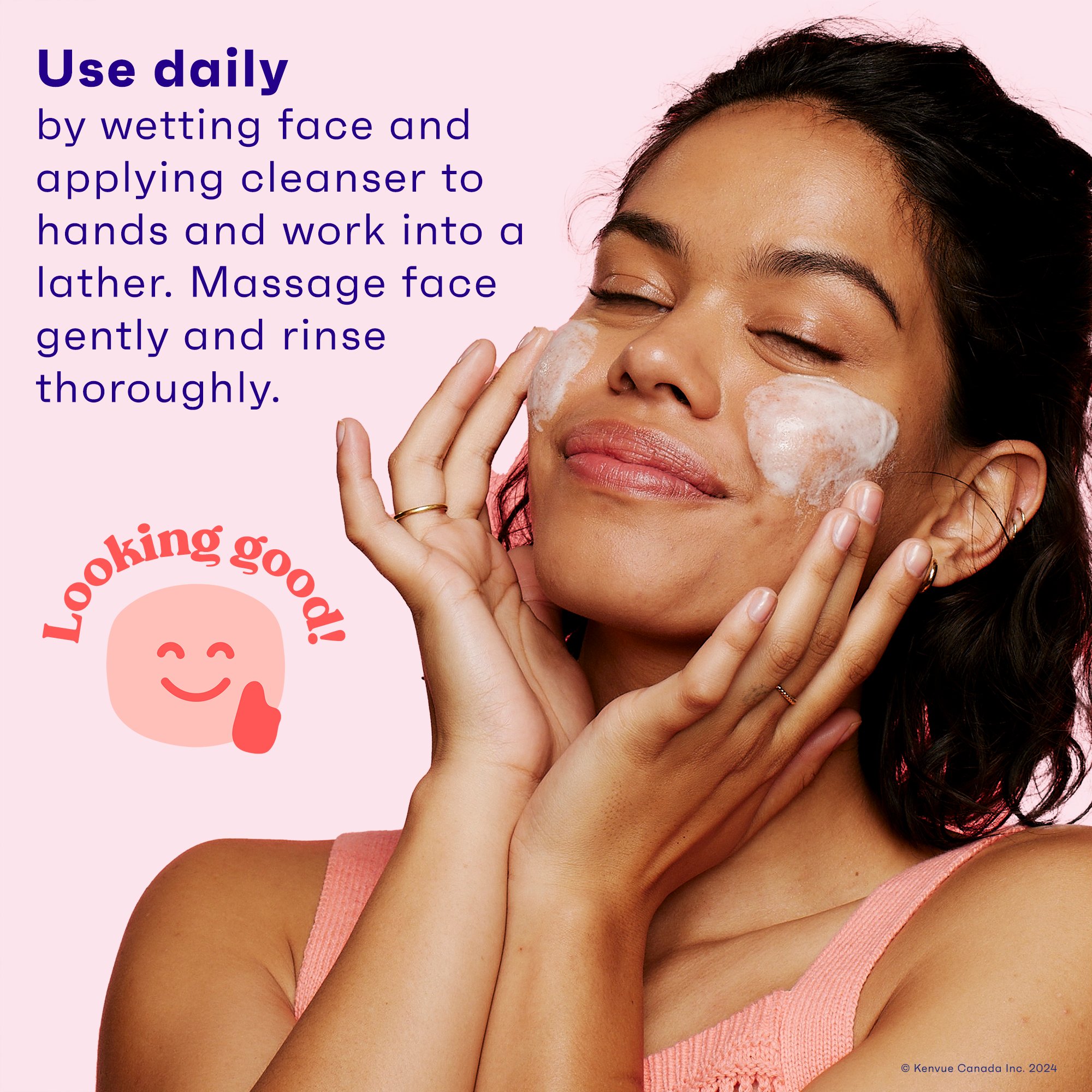 A young black woman, her eyes closed, using foaming cleanser on her face next to 'looking good' icon