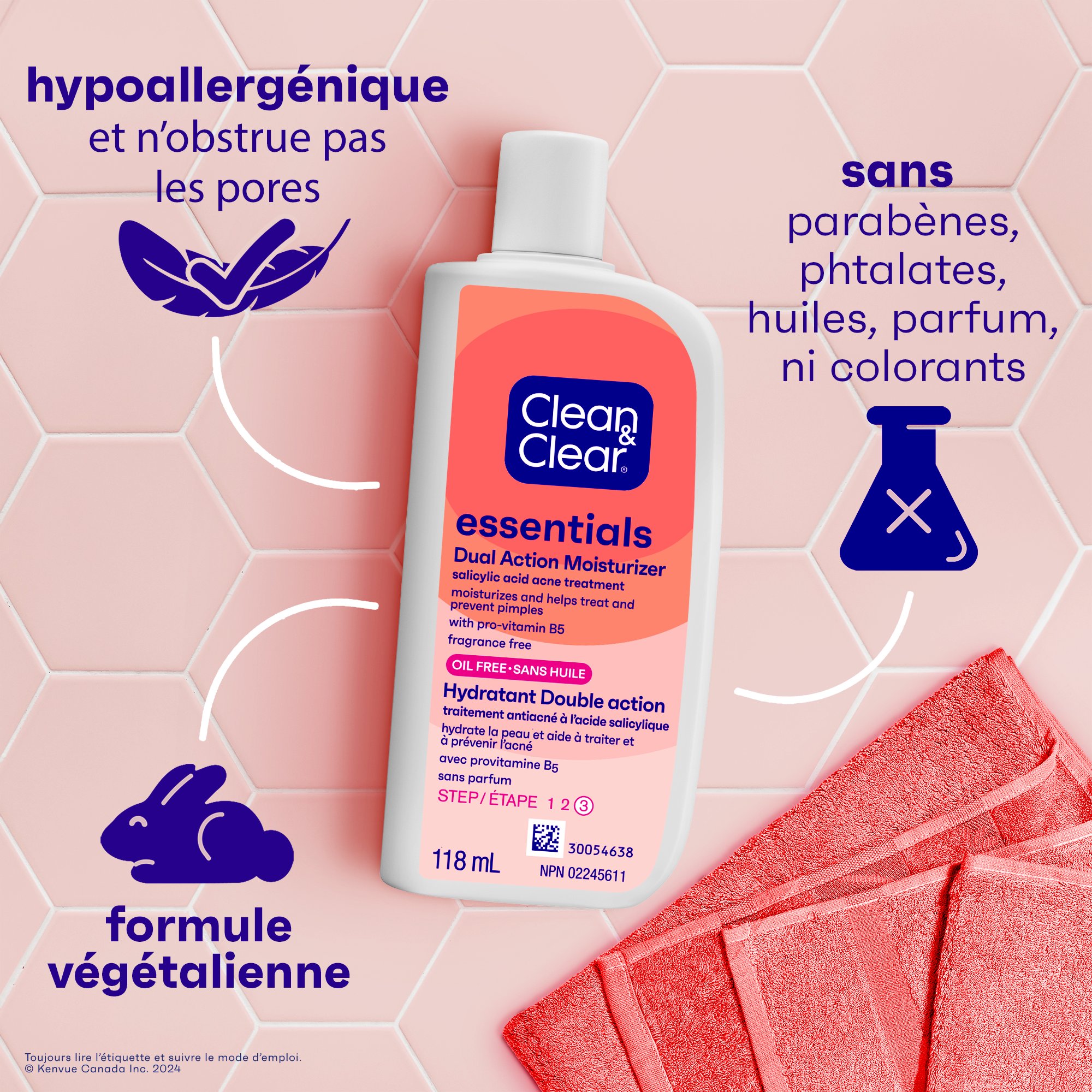 Vue avant du flacon d’hydratant Double action Clean & Clear Essentials® de 118 ml, avec les revendications du produit