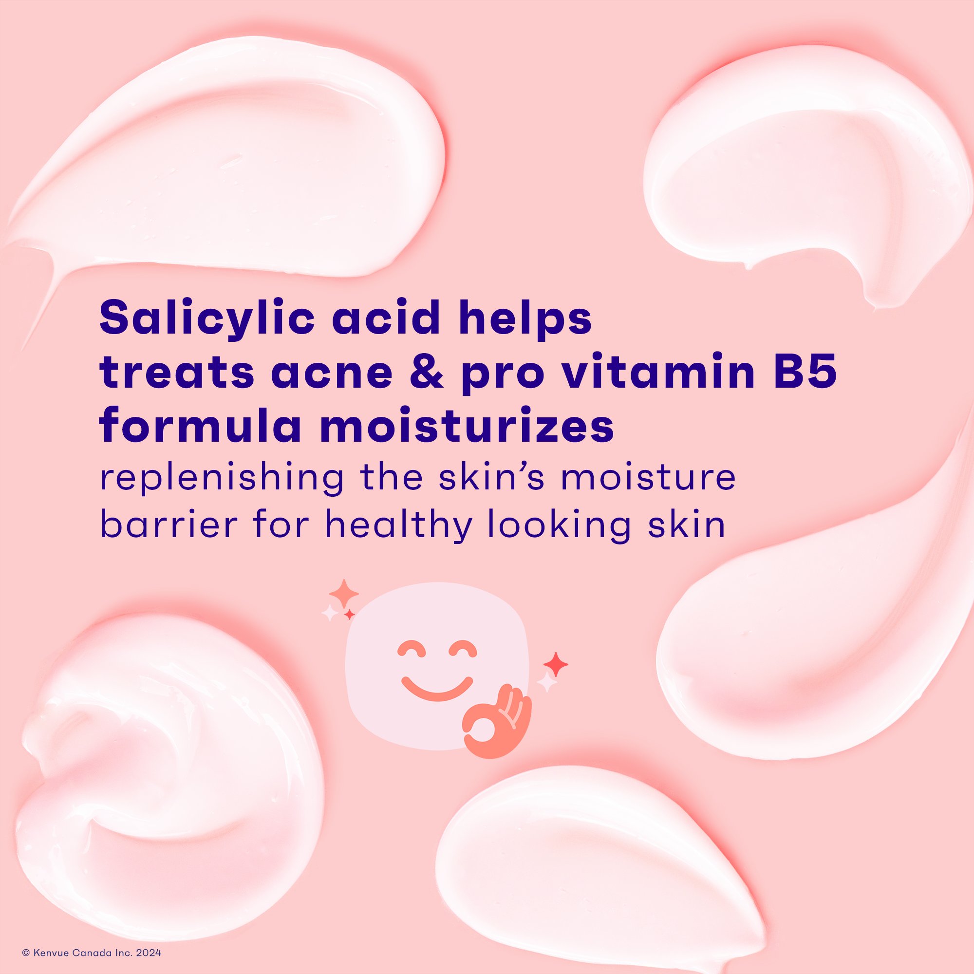 Face moisturizer smears with a smiley icon on a pink background