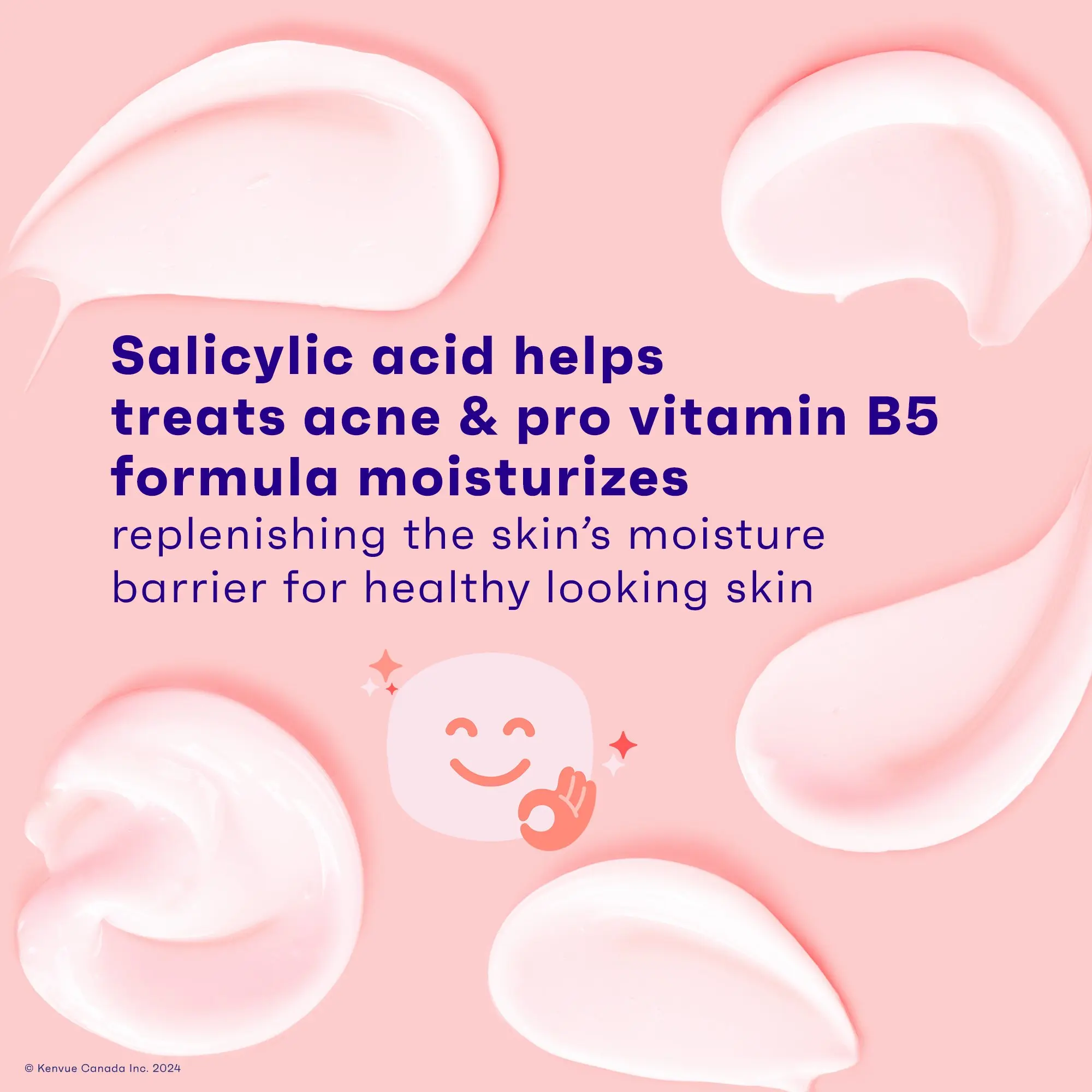 Face moisturizer smears with a smiley icon on a pink background