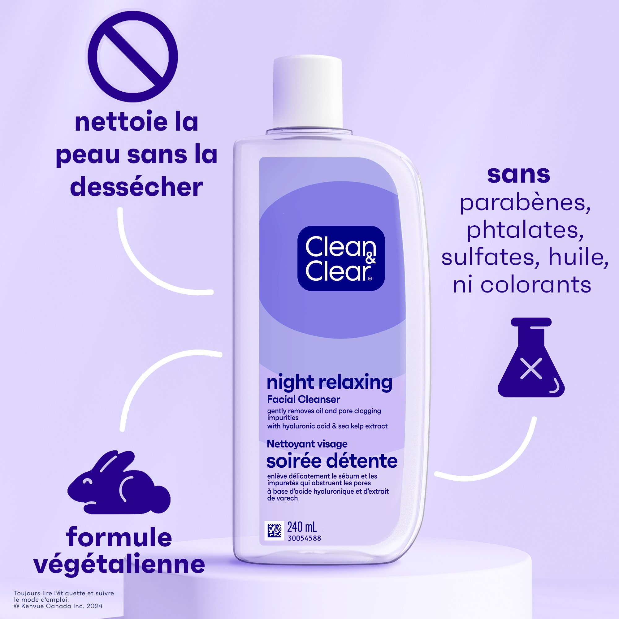 Vue de face du flacon de 240 ml de nettoyant visage Clean and Clear® Night Relaxing®, avec les revendications du produit