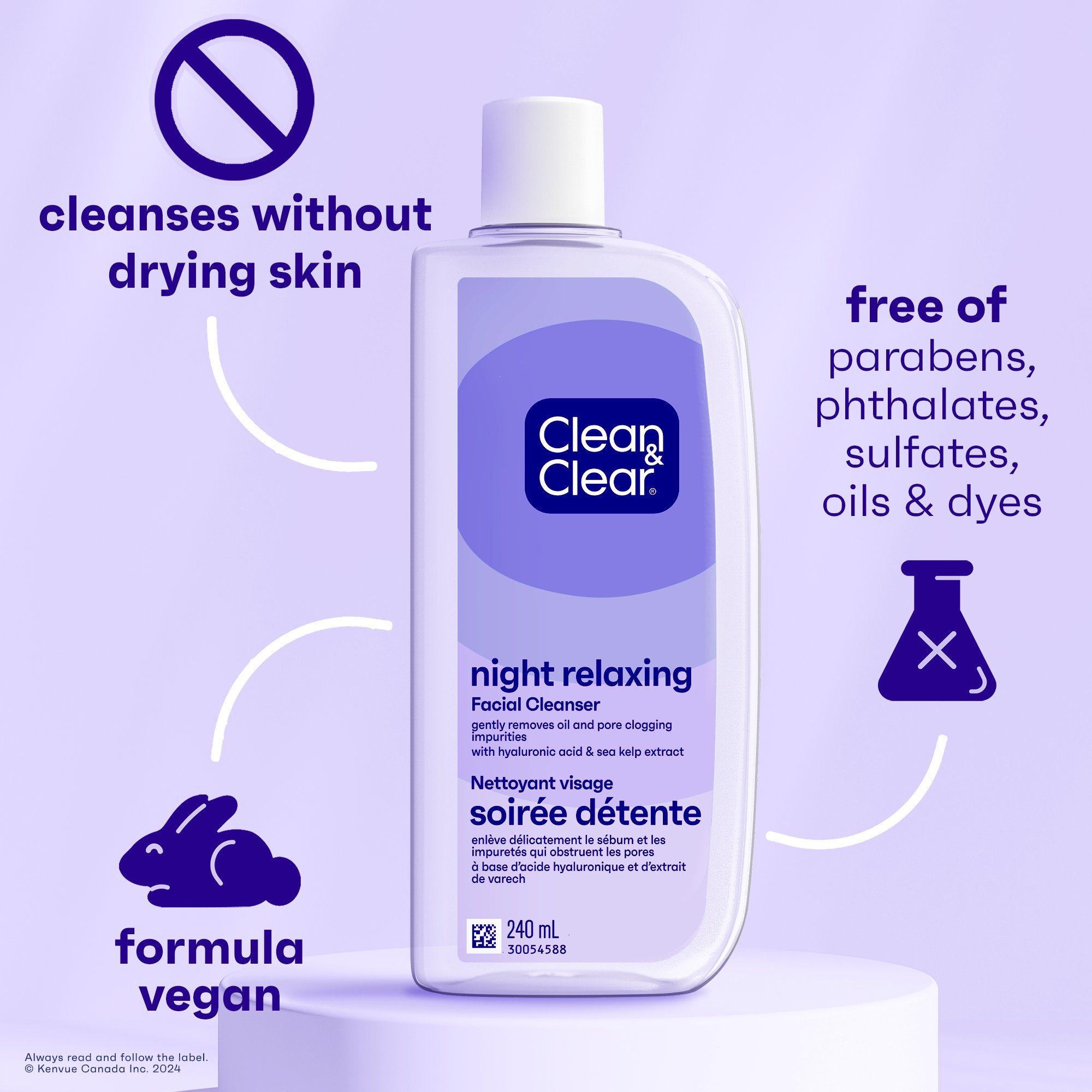 Front shot of Clean and Clear® Night Relaxing® Facial Cleanser  240mL  bottle with product claims