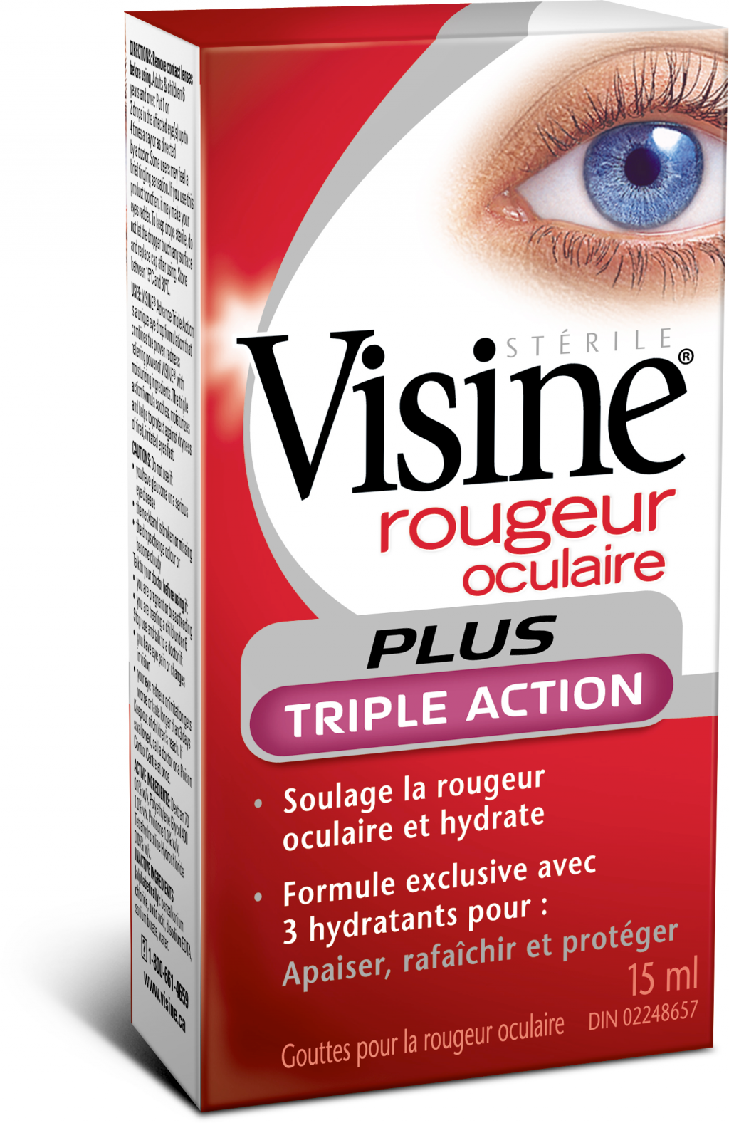 Une boîte de gouttes VISINE® Plus Triple action, Rougeur oculaire, 15 ml