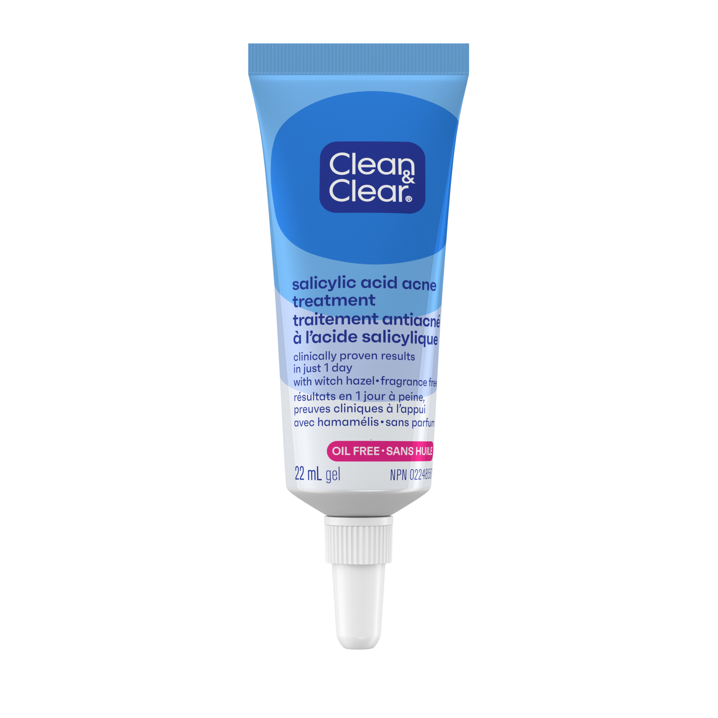 Vue de face du gel de traitement contre l’acné à l’acide salicylique Clean & Clear®, tube compressible de 22 ml