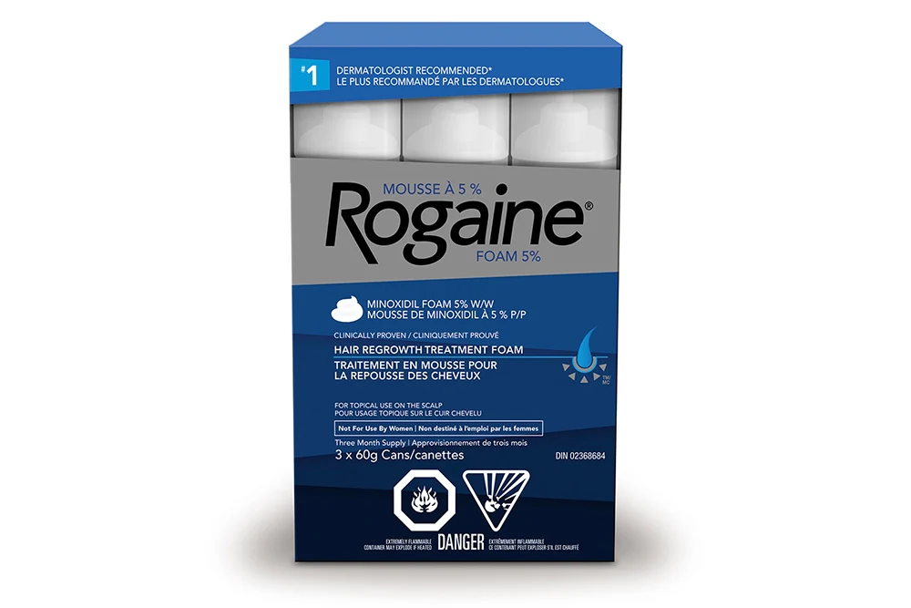 boîte du traitement pour la repousse des cheveux, mousse ROGAINE® à 5 % pour hommes