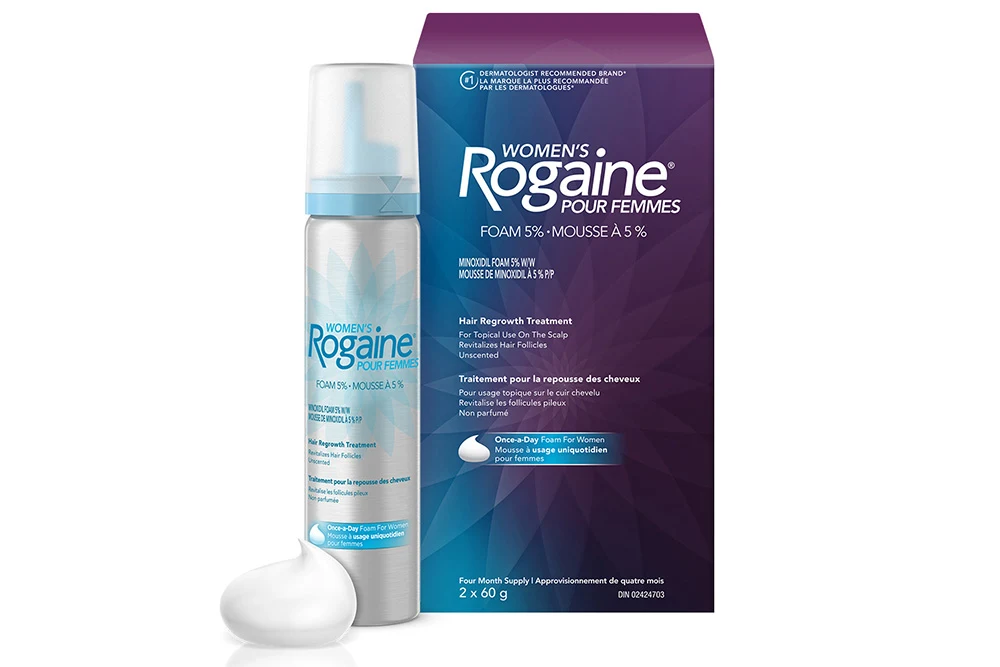 women’s ROGAINE® hair growth treatment box and spray can