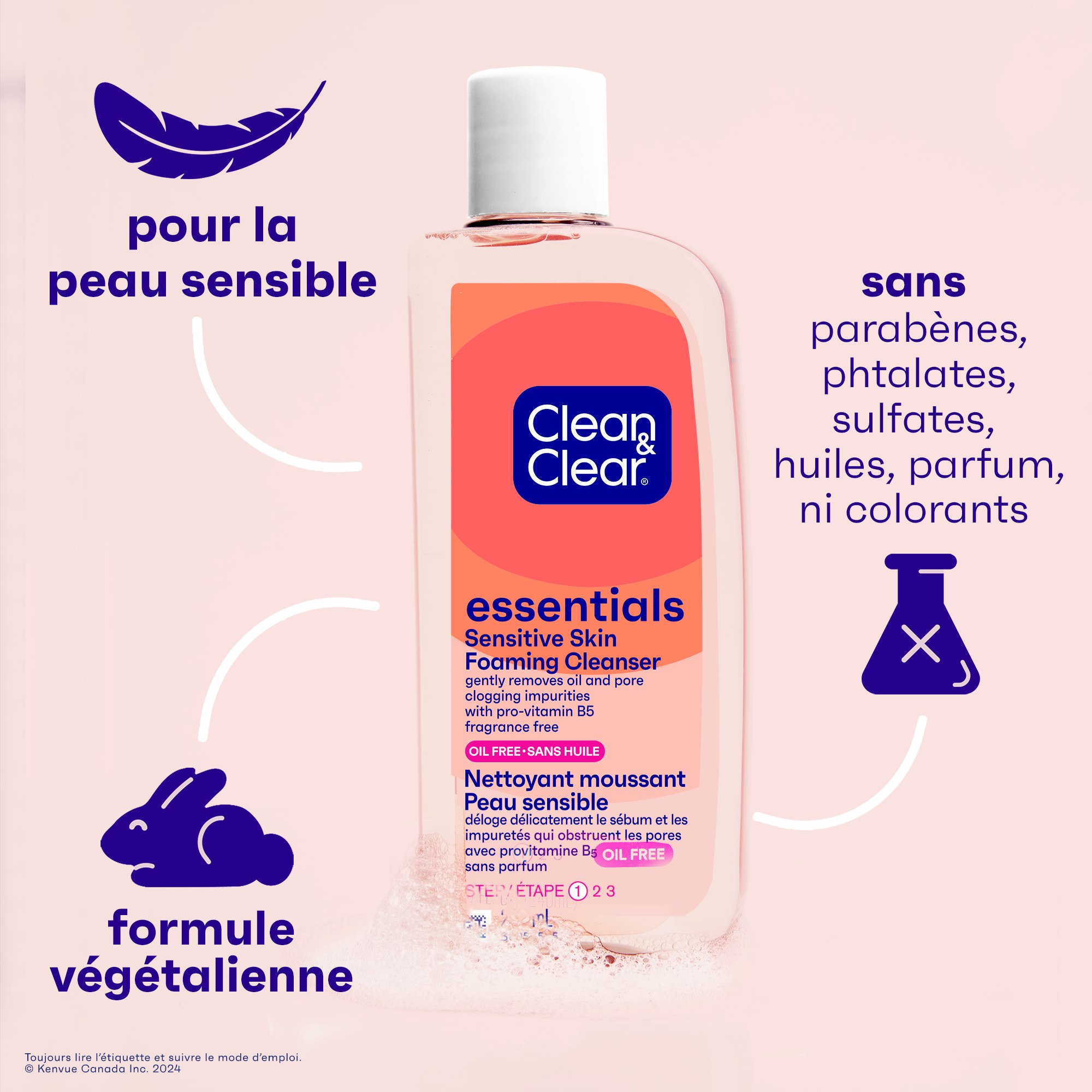 Vue de face du nettoyant moussant pour le visage, peau sensible, Clean & Clear Essentials®, 235 ml, avec les revendications du produit