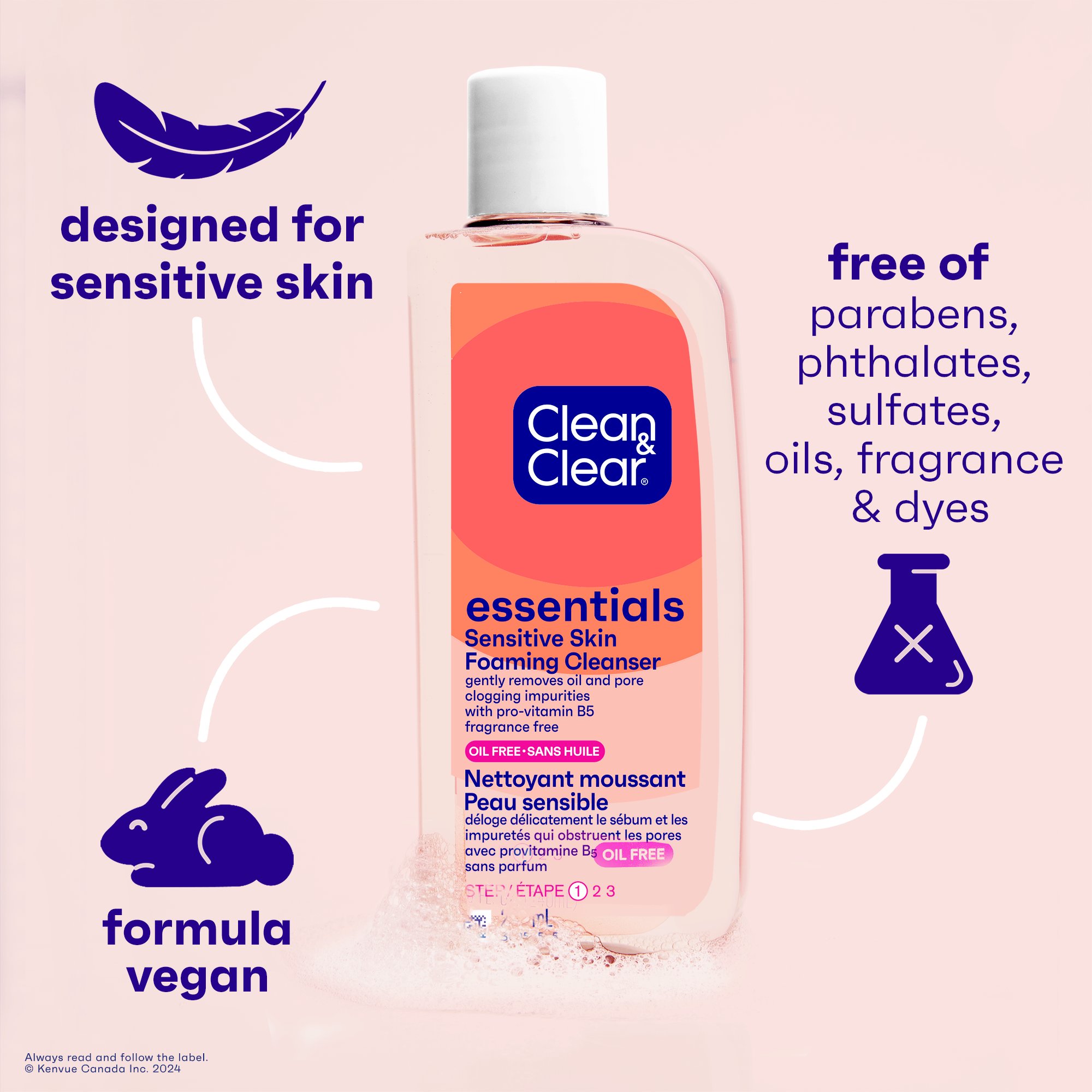 Front shot of Clean & Clear Essentials® Sensitive Skin Foaming Facial Cleanser, 235mL, with product claims.