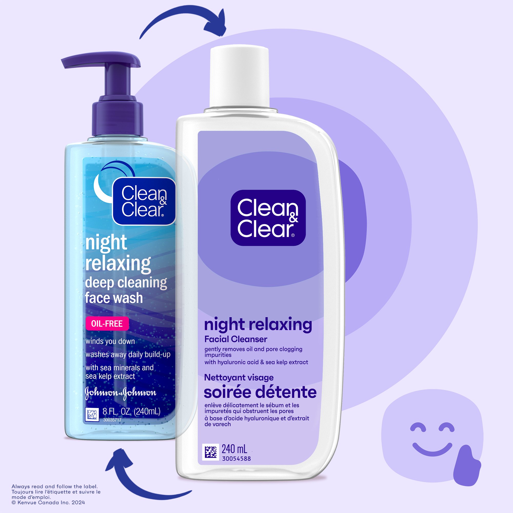 Vue de face des produits Clean and Clear®, nettoyant visage Night Relaxing®, 240 ml, et nettoyant visage action profonde Night Relaxing®