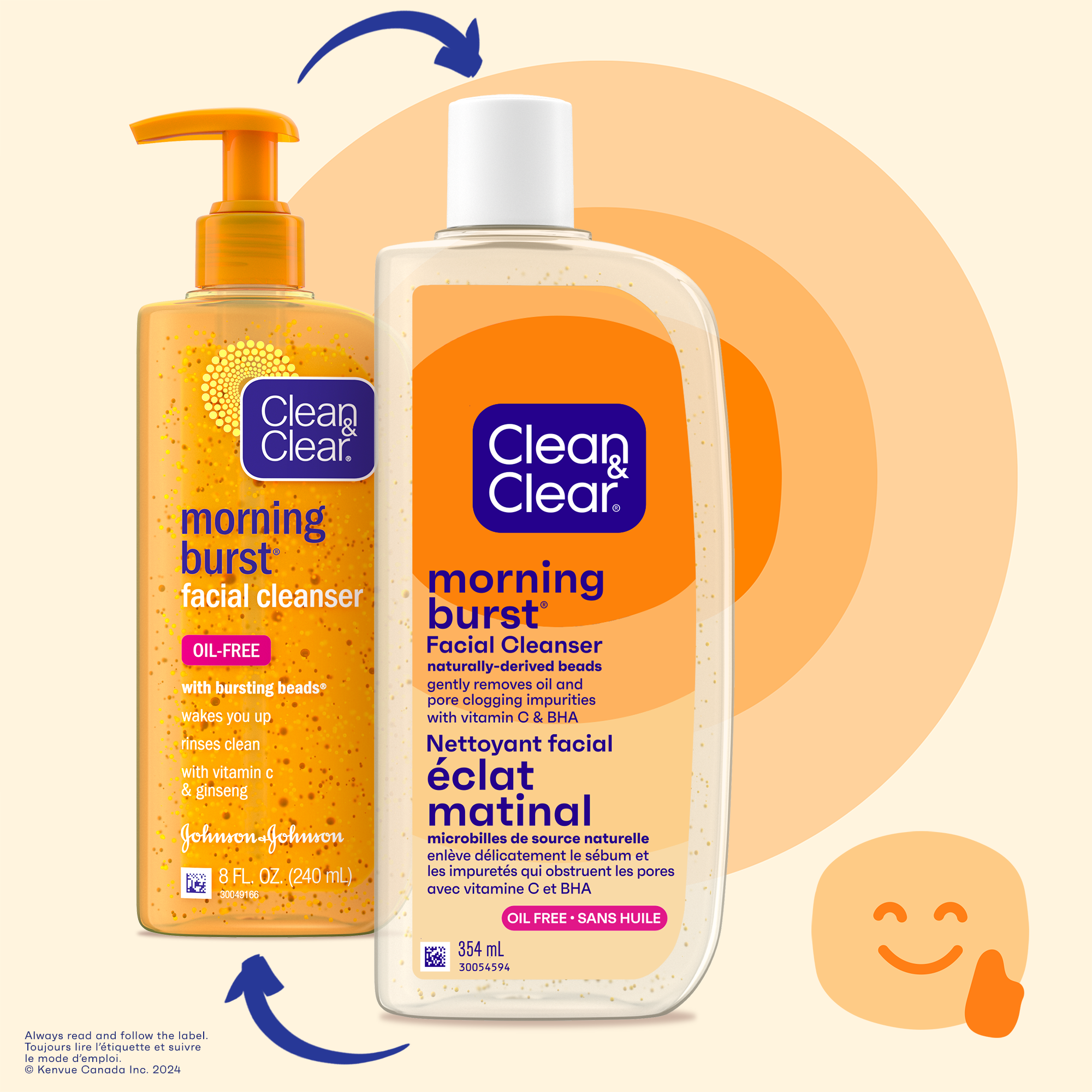 Side by side shot of CLEAN & CLEAR® MORNING BURST® Facial Cleanser orange bottle and transparent new botte 