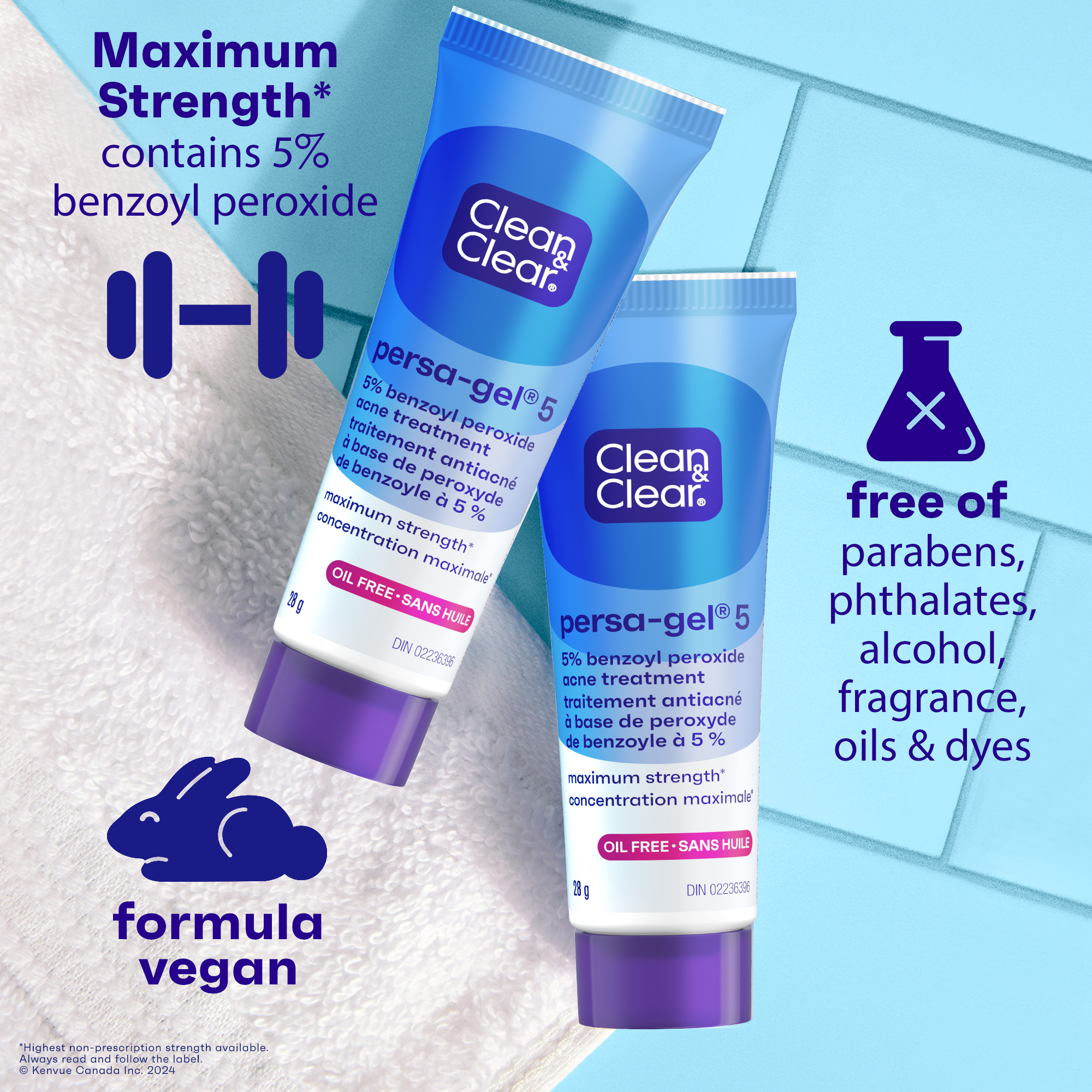 Front shot of 2 CLEAN & CLEAR® PERSA-GEL® 5 acne treatment gel products with maximum strength and vegan formula icons