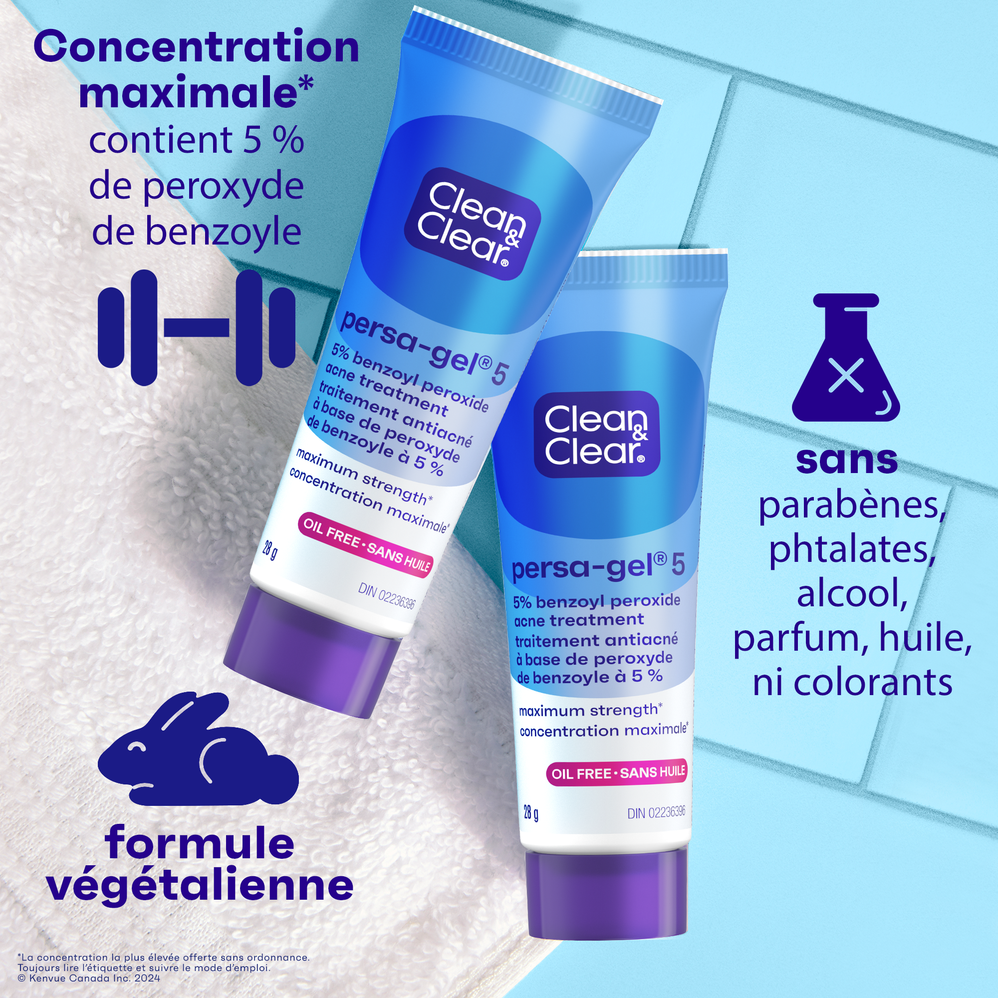 Vue de face de deux gels de traitement contre l’acné CLEAN & CLEAR® PERSA-GEL® 5 de force maximale et des icônes indiquant une formule végétalienne