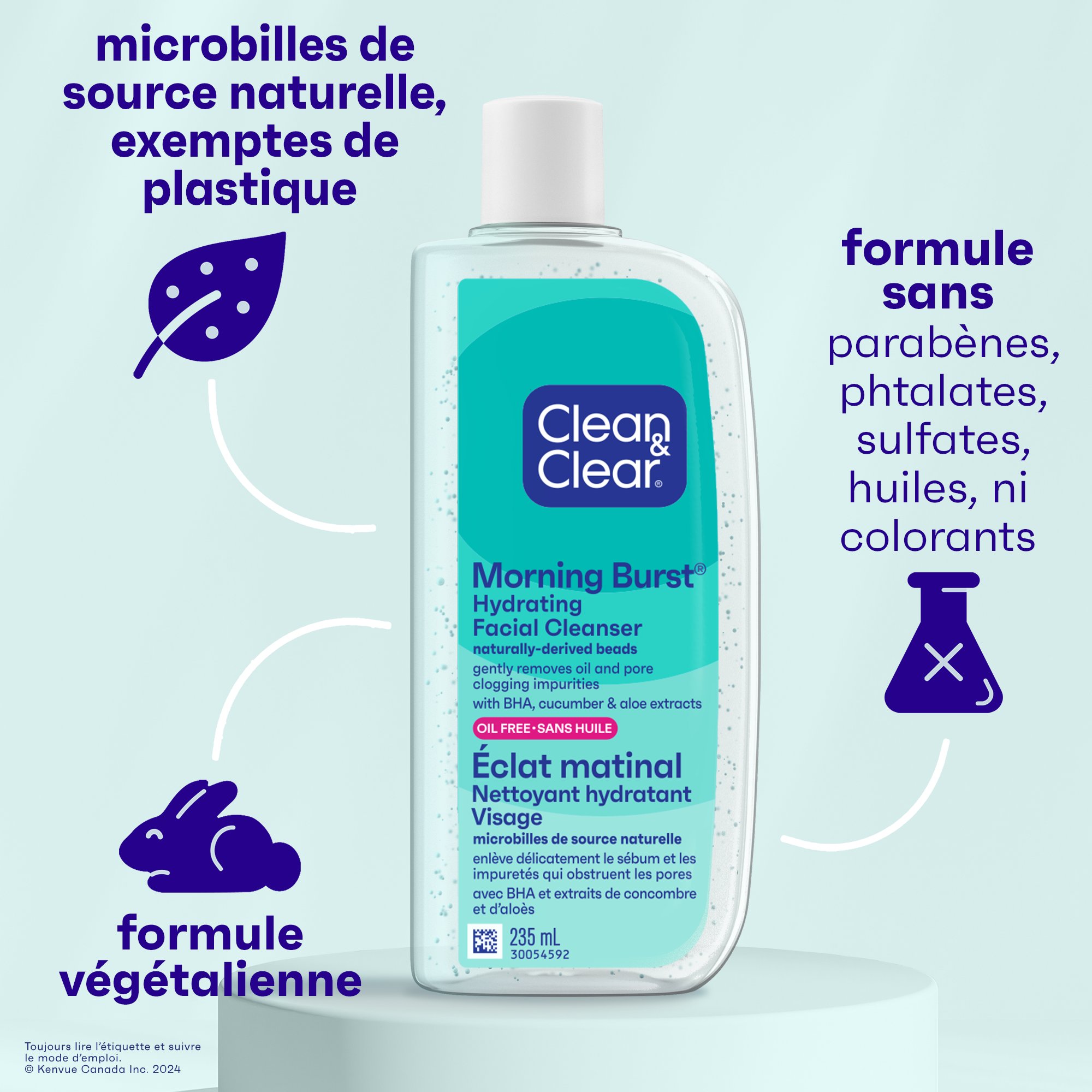 Vue de face du flacon de nettoyant facial sans huile Clean & Clear® Morning Burst, 235 ml, avec les revendications du produit