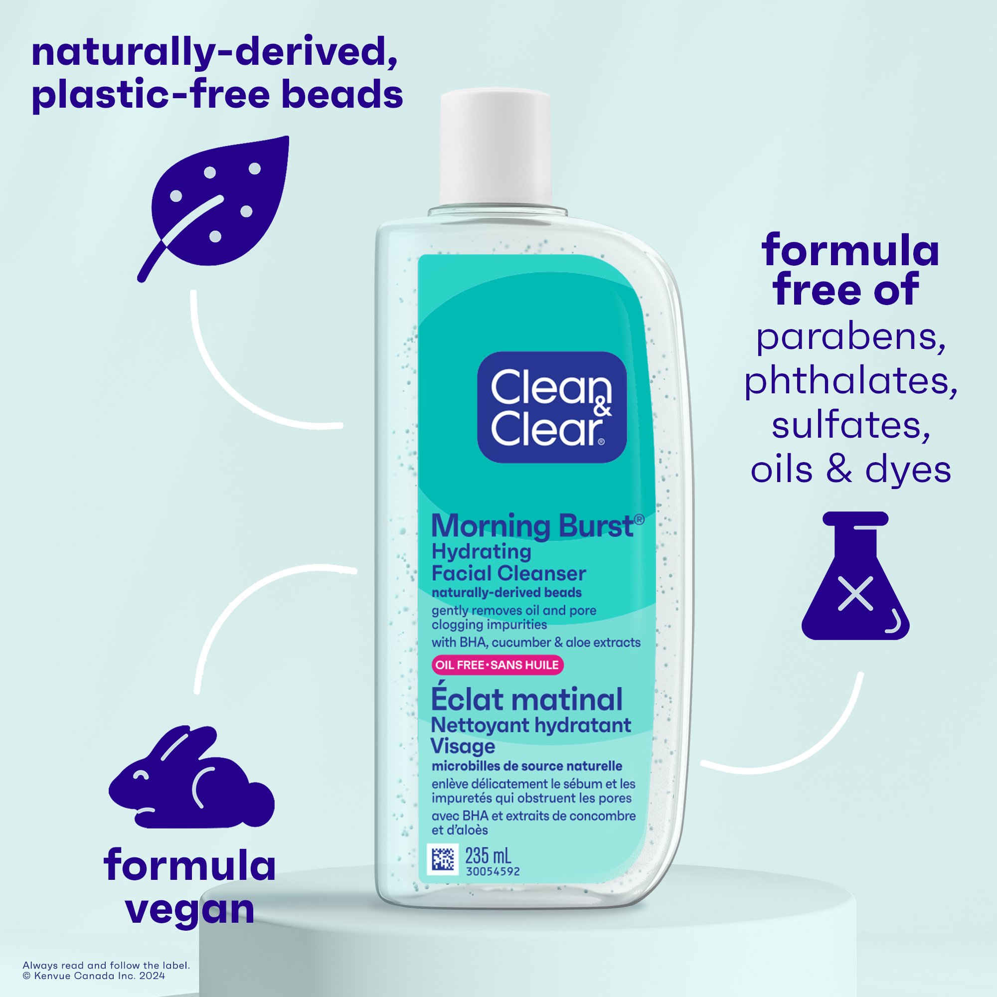 Front shot of  Clean & Clear® Morning Burst Oil-Free Facial Cleanser bottle, 235mL with product claims