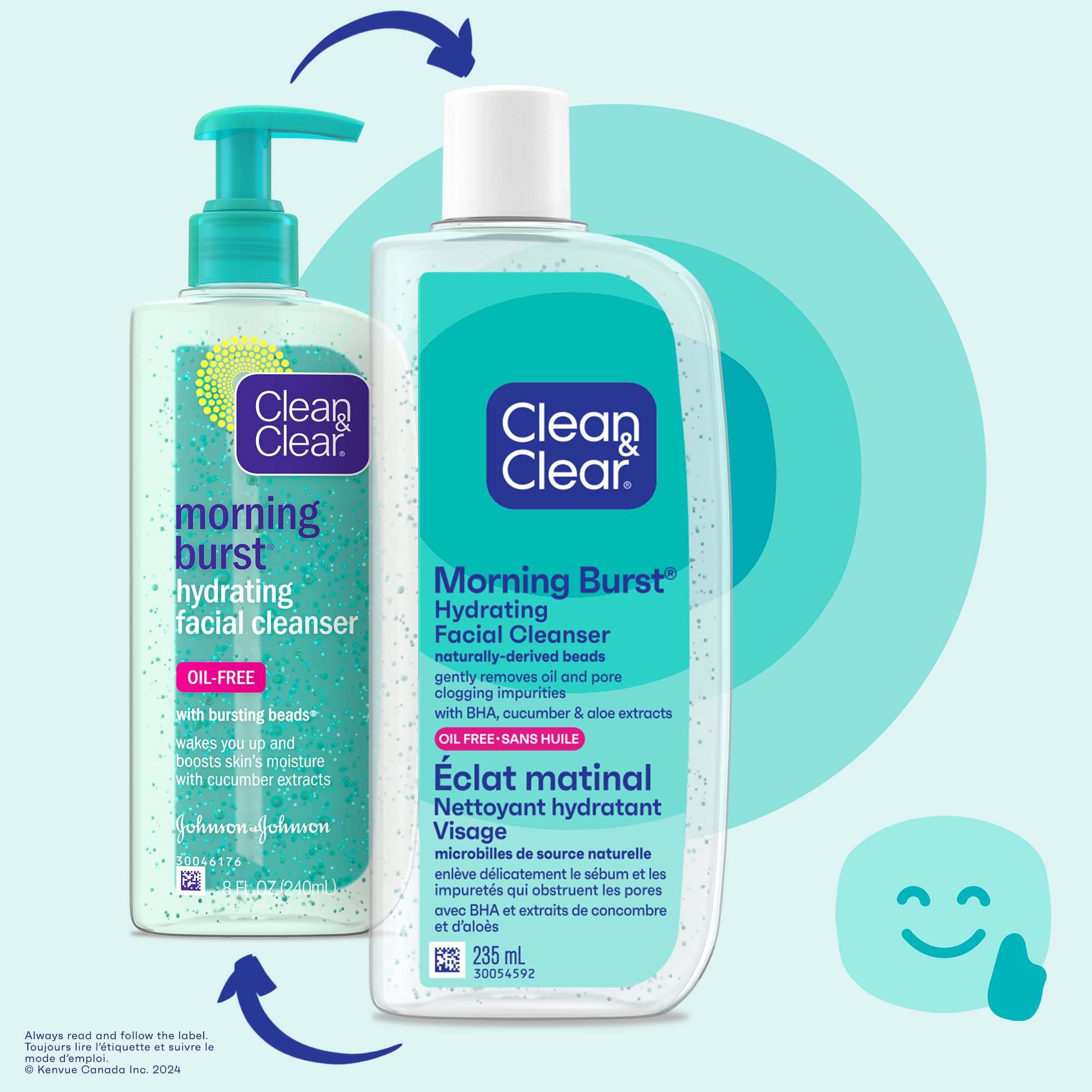 Front shot of two Clean & Clear® Morning Burst Oil-Free Facial Cleanser bottles with a regular cap and pump cap next to 'looking good' icon