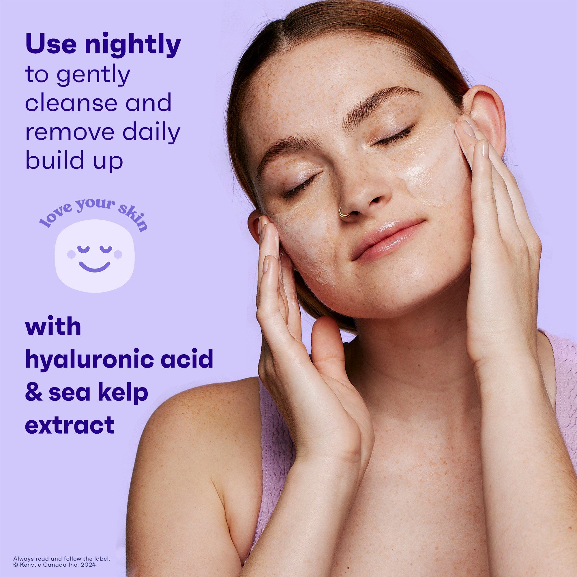 Young woman with fair skin looks relaxed while using cleanser on her face, her eyes closed next to a 'looking good' icon