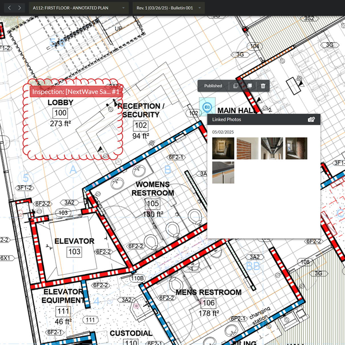 a digital floor plan, with an overlay indicating an "Inspection" and linking to "Photos."