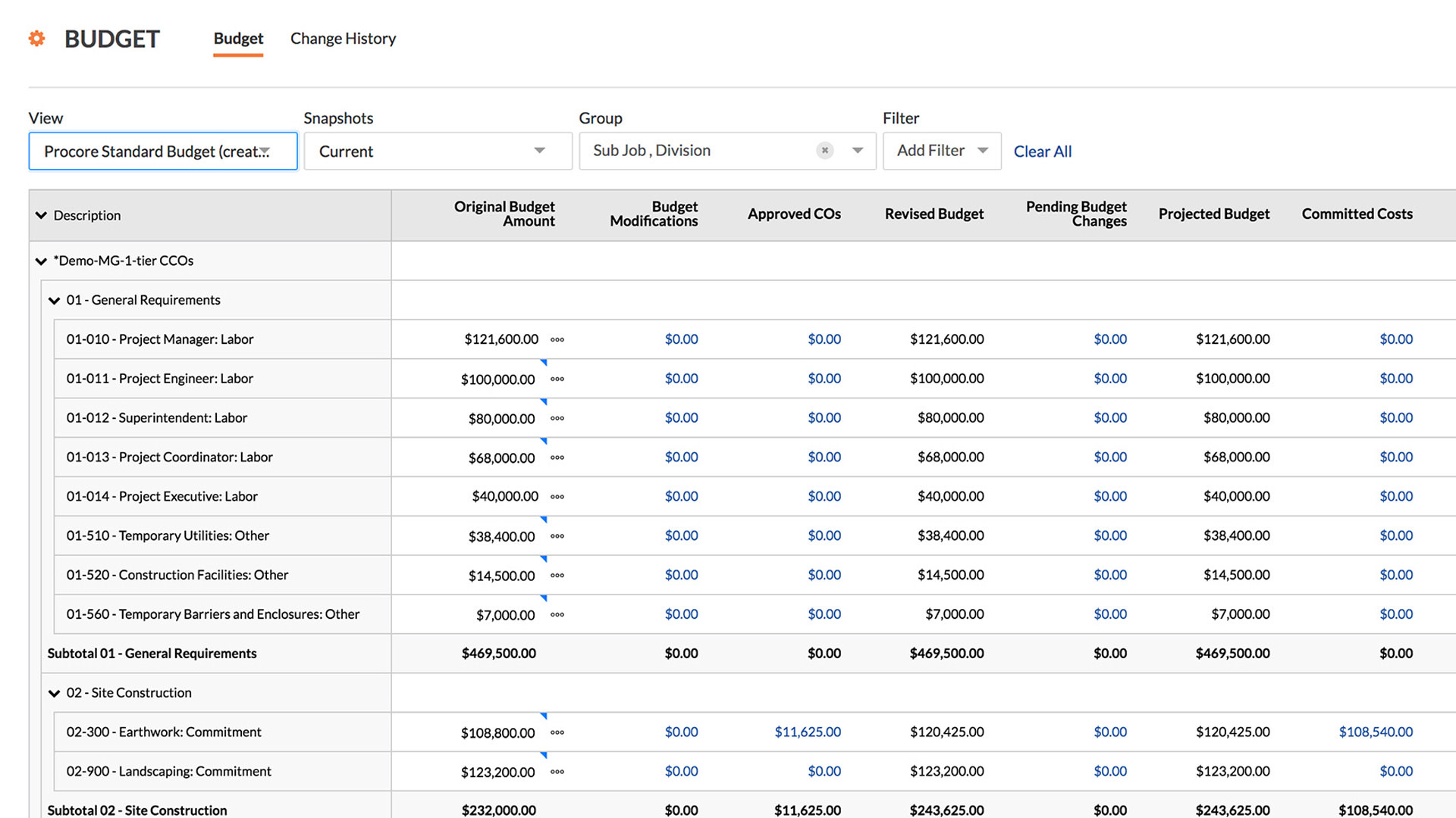 screen capture of procore software