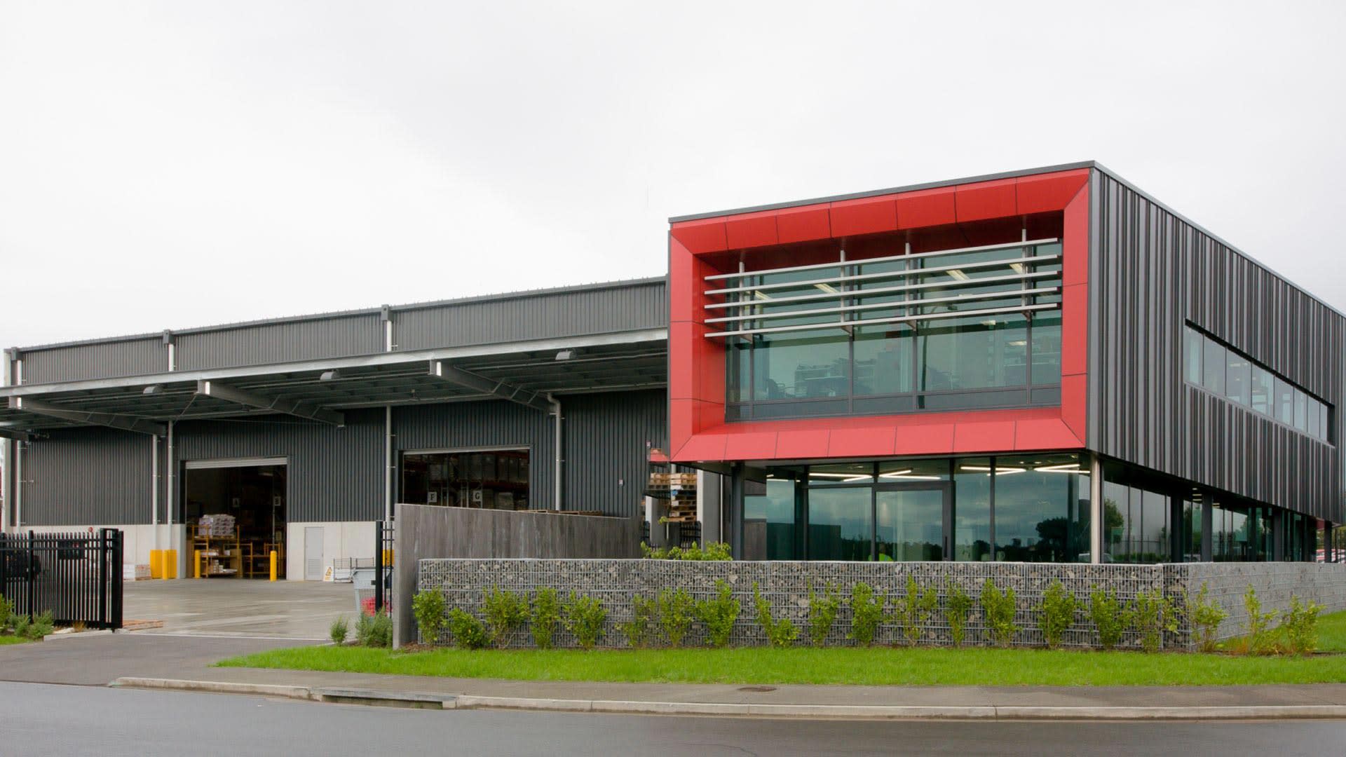 Front view of an office and its warehouse