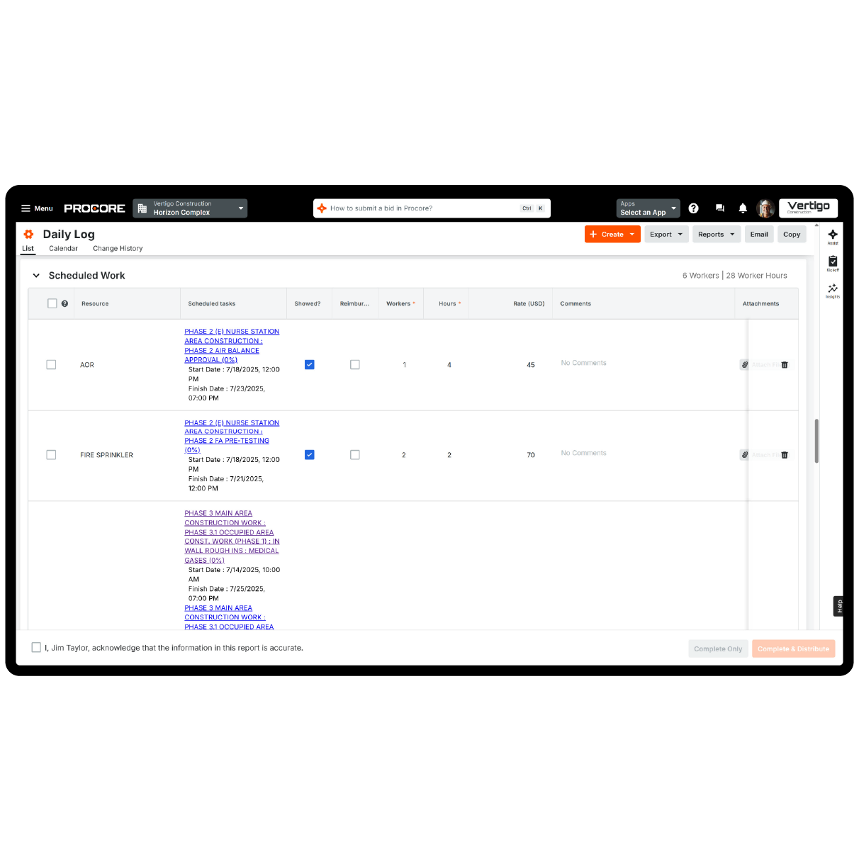 Procore's Daily Log tool UI on a desktop