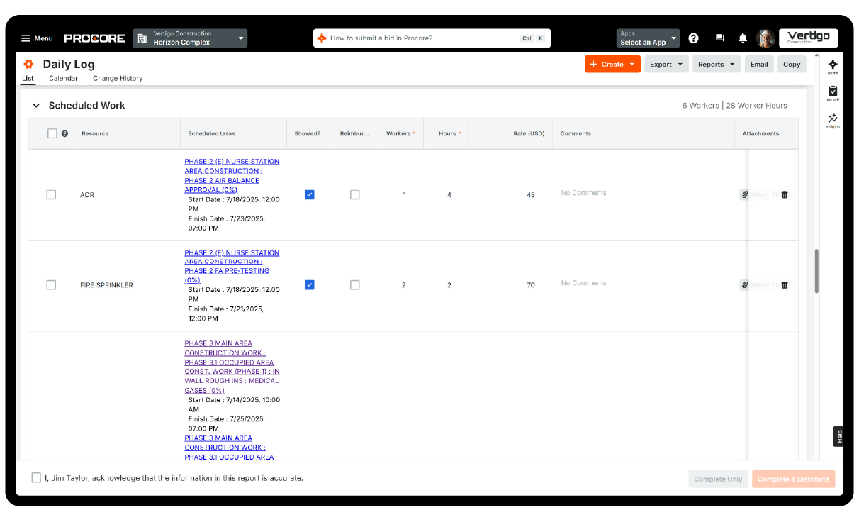 Procore's Daily Log tool UI on a desktop