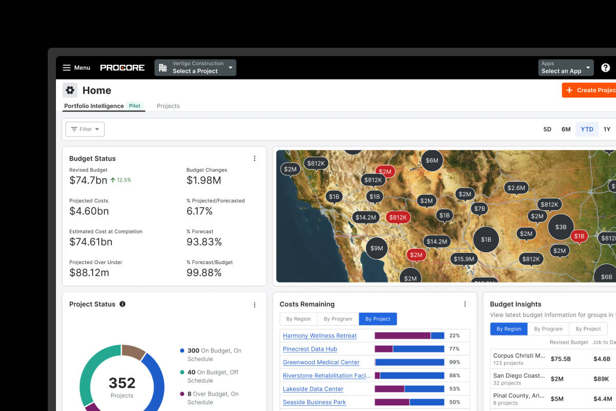 Dashboard showing construction project budgets, statuses, and costs on a US map.