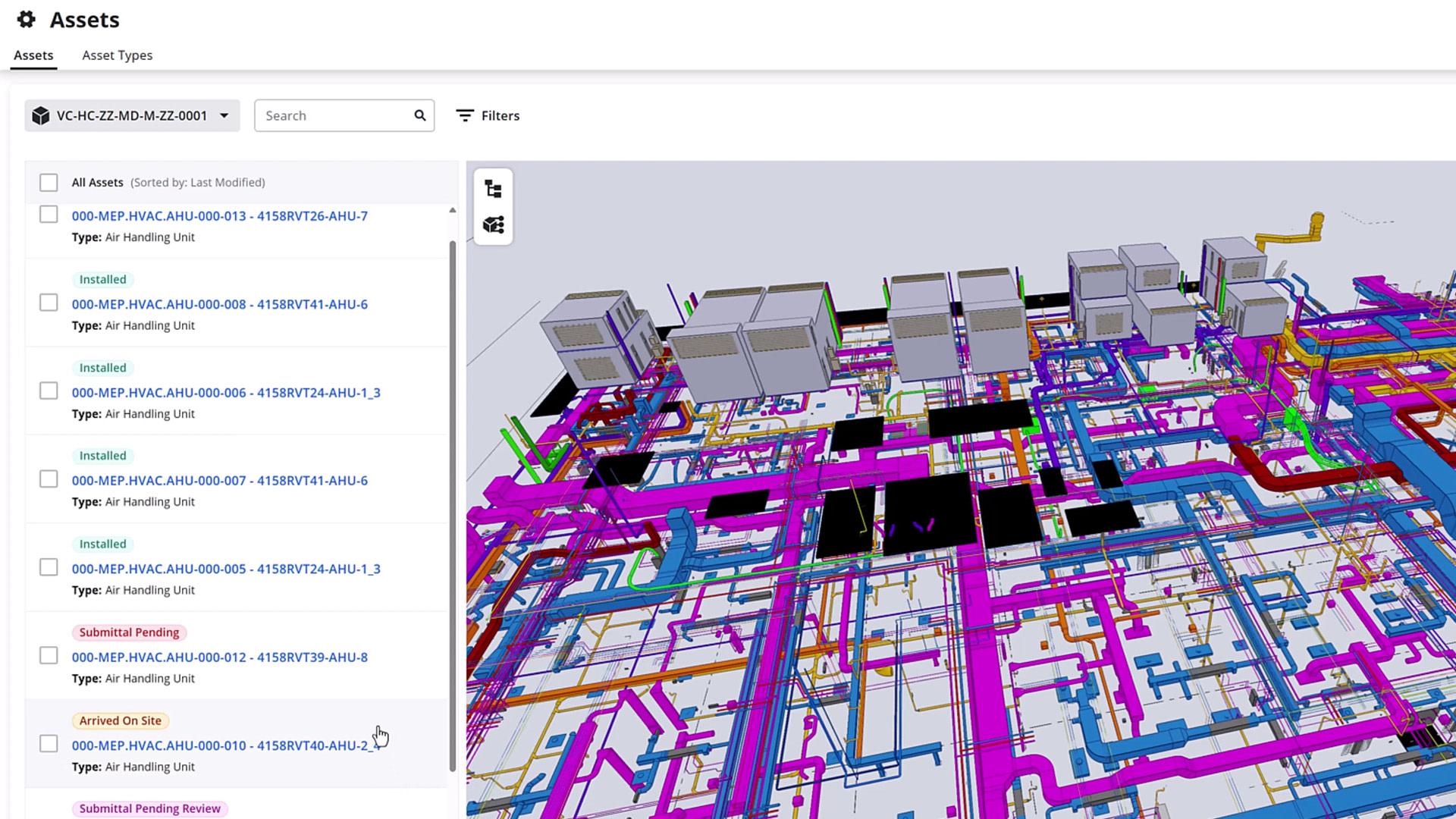 3D building floor plan with colorful HVAC system layout and ductwork