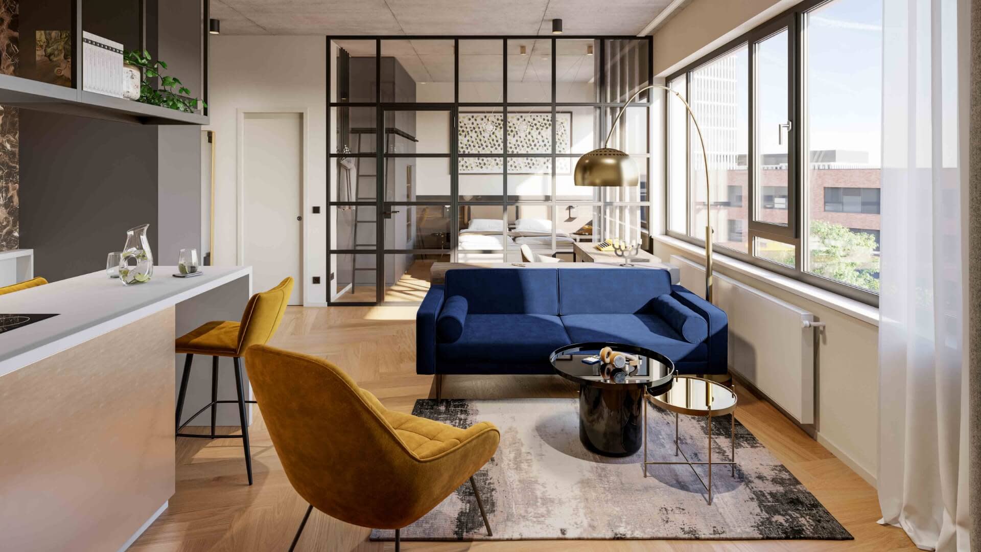 A living room with a blue couch and a yellow chair