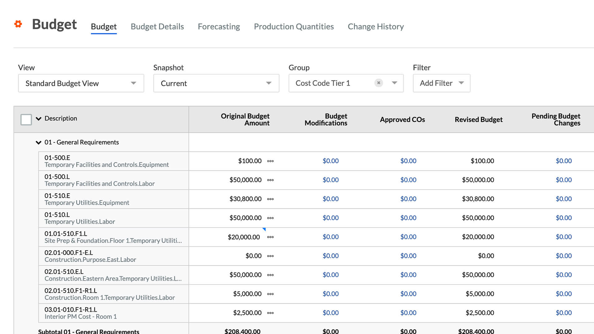 Procore Budget screen capture