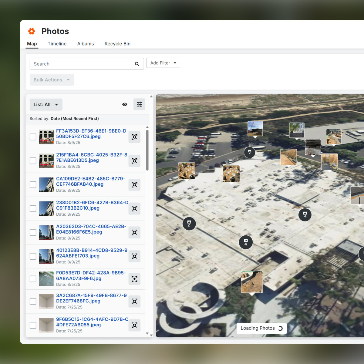Photo management interface showing aerial map view with location markers and file list