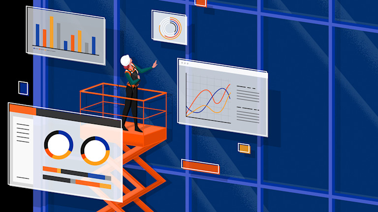 Illustration of a construction worker on a scaffolding