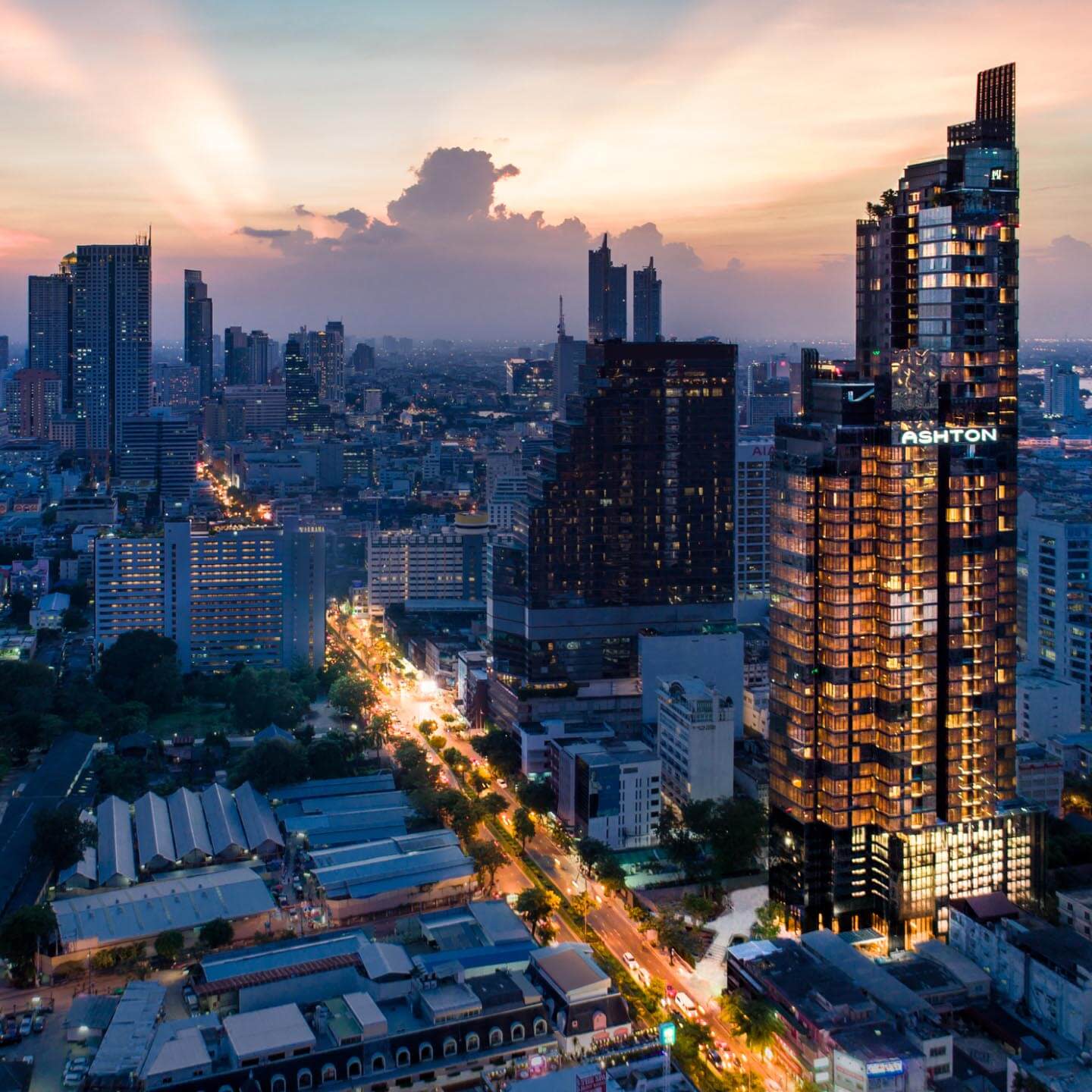 long sunset shot of Thailand looking in to the city.