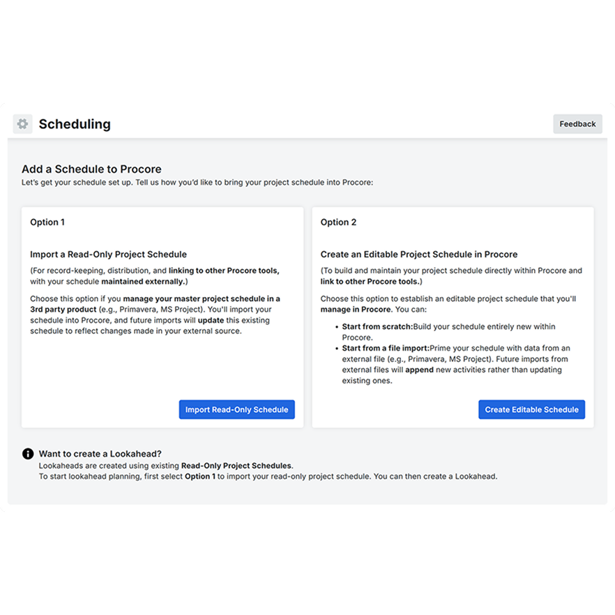 Procore scheduling options screen with import or create editable schedule choices.