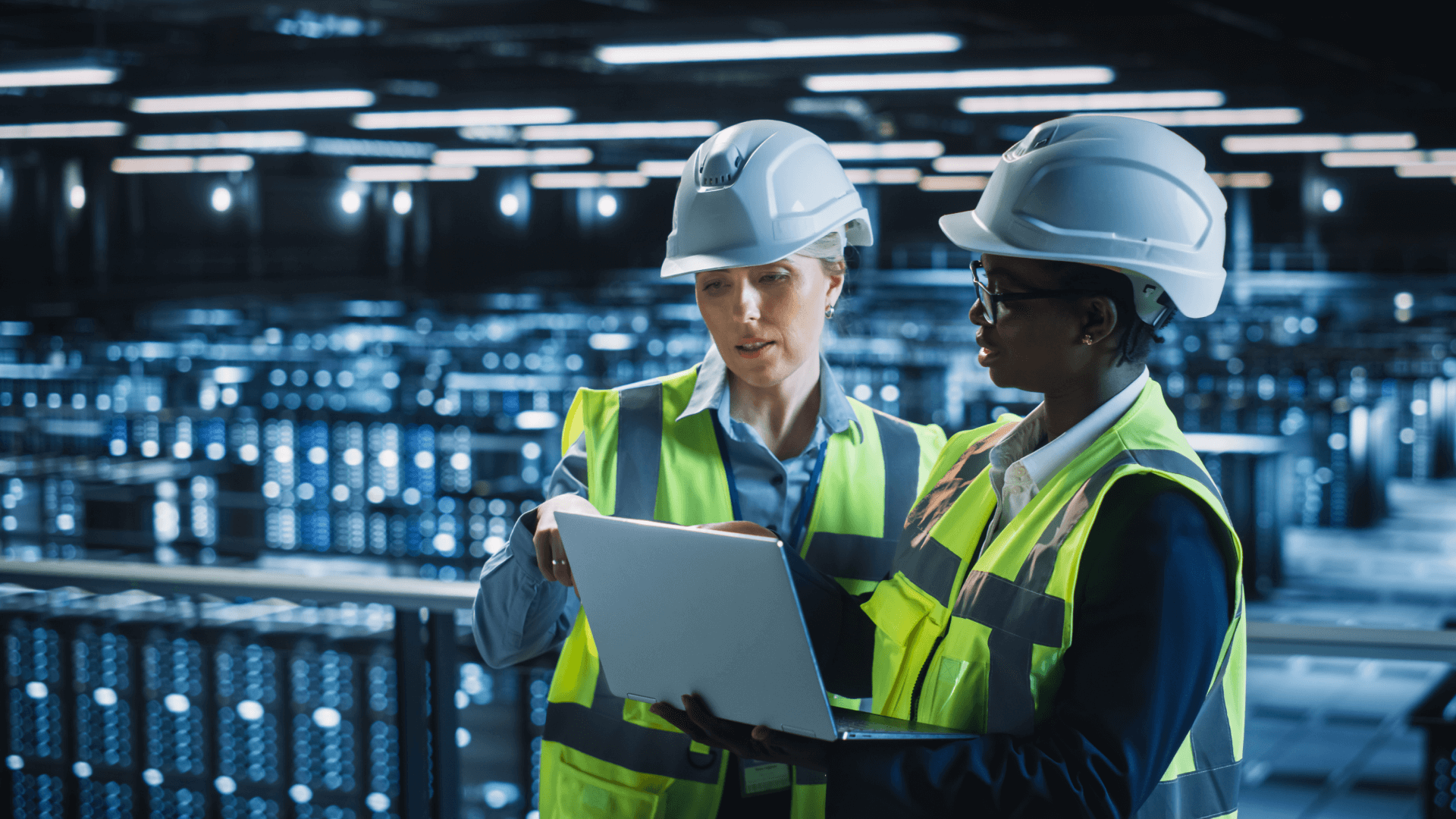 Two contractors using an ipad in a data center