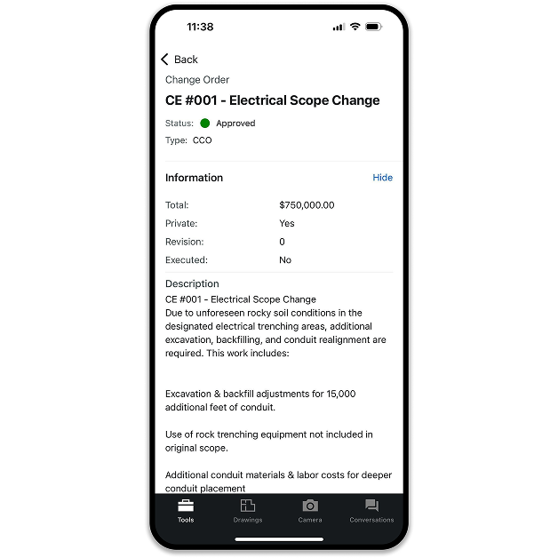 Procore's Change Order UI on a phone
