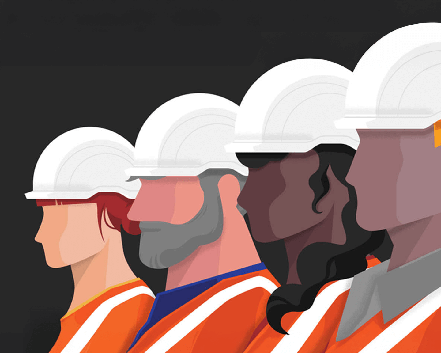 Four diverse construction workers wearing white helmets and orange safety vests in profile.