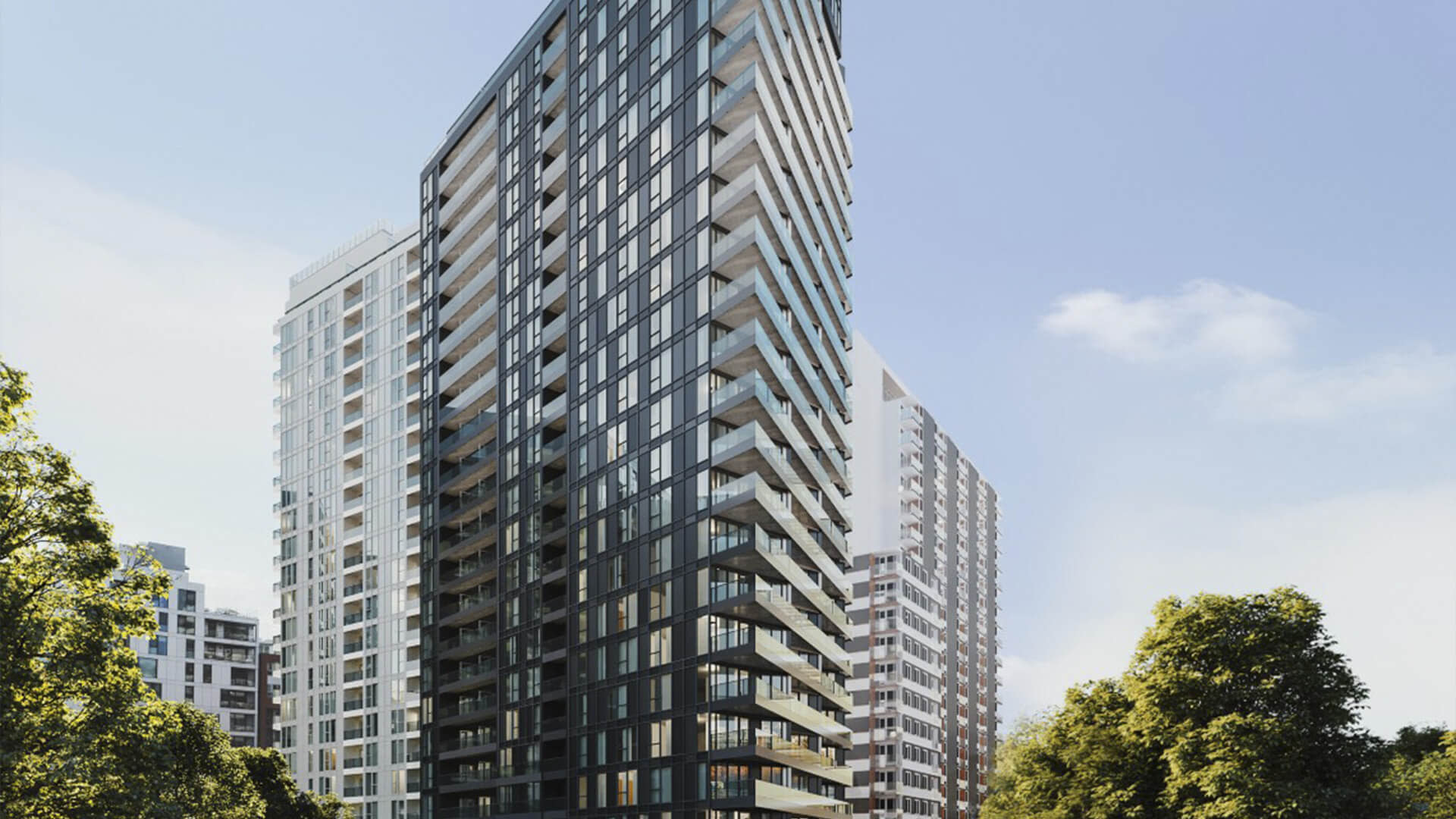 Tall modern buildings among trees