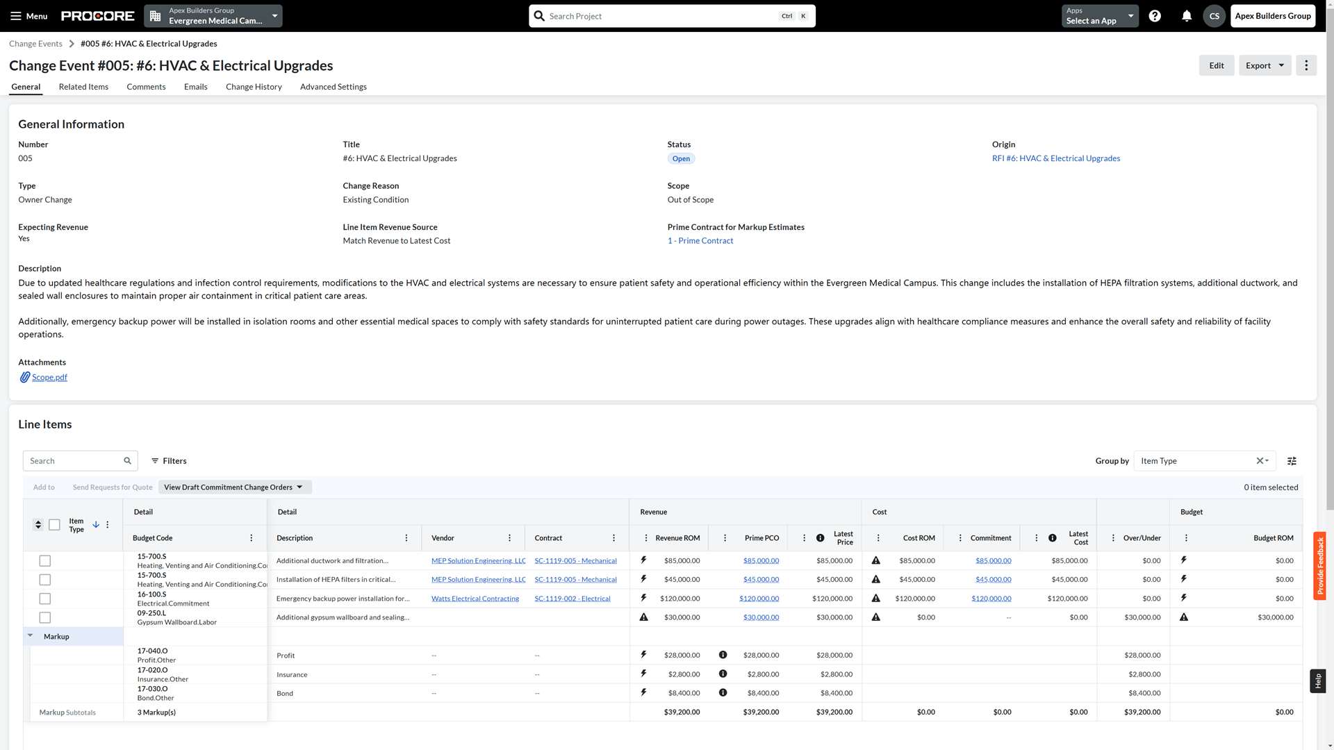Screen of Procore's Change Events tool