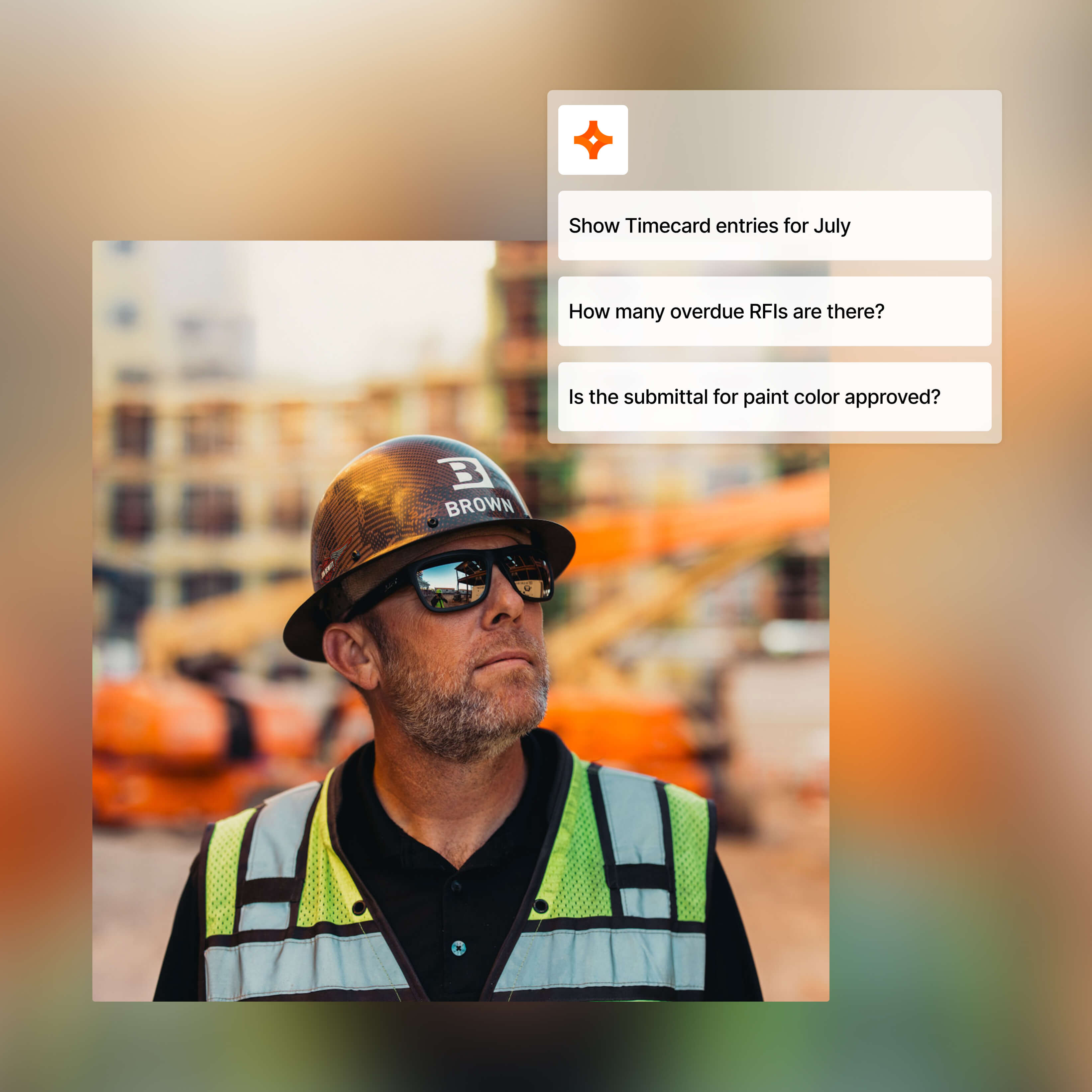 An image of a construction worker looking up at Procore's Copilot stats