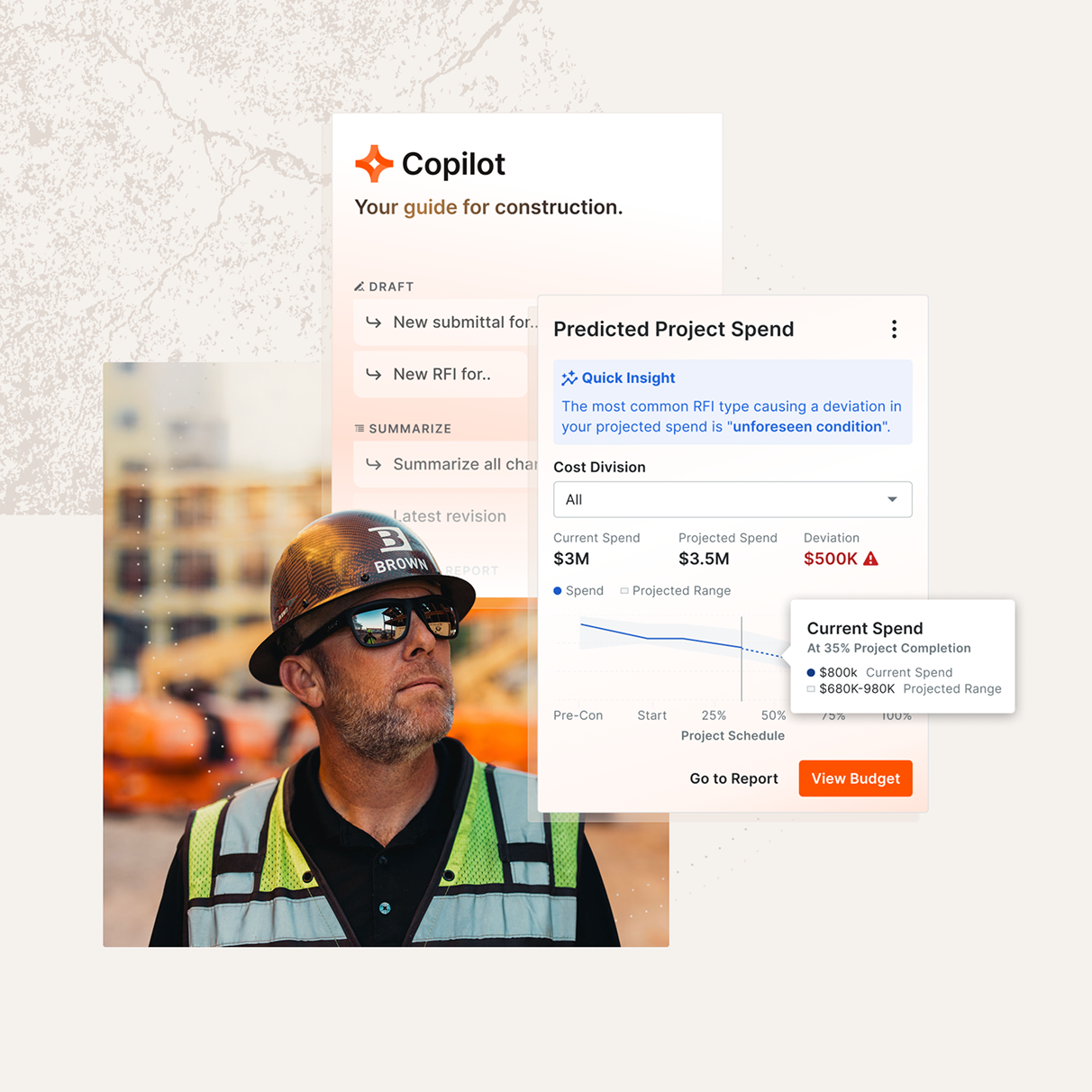An image of a construction worker looking up at Procore's Copilot stats