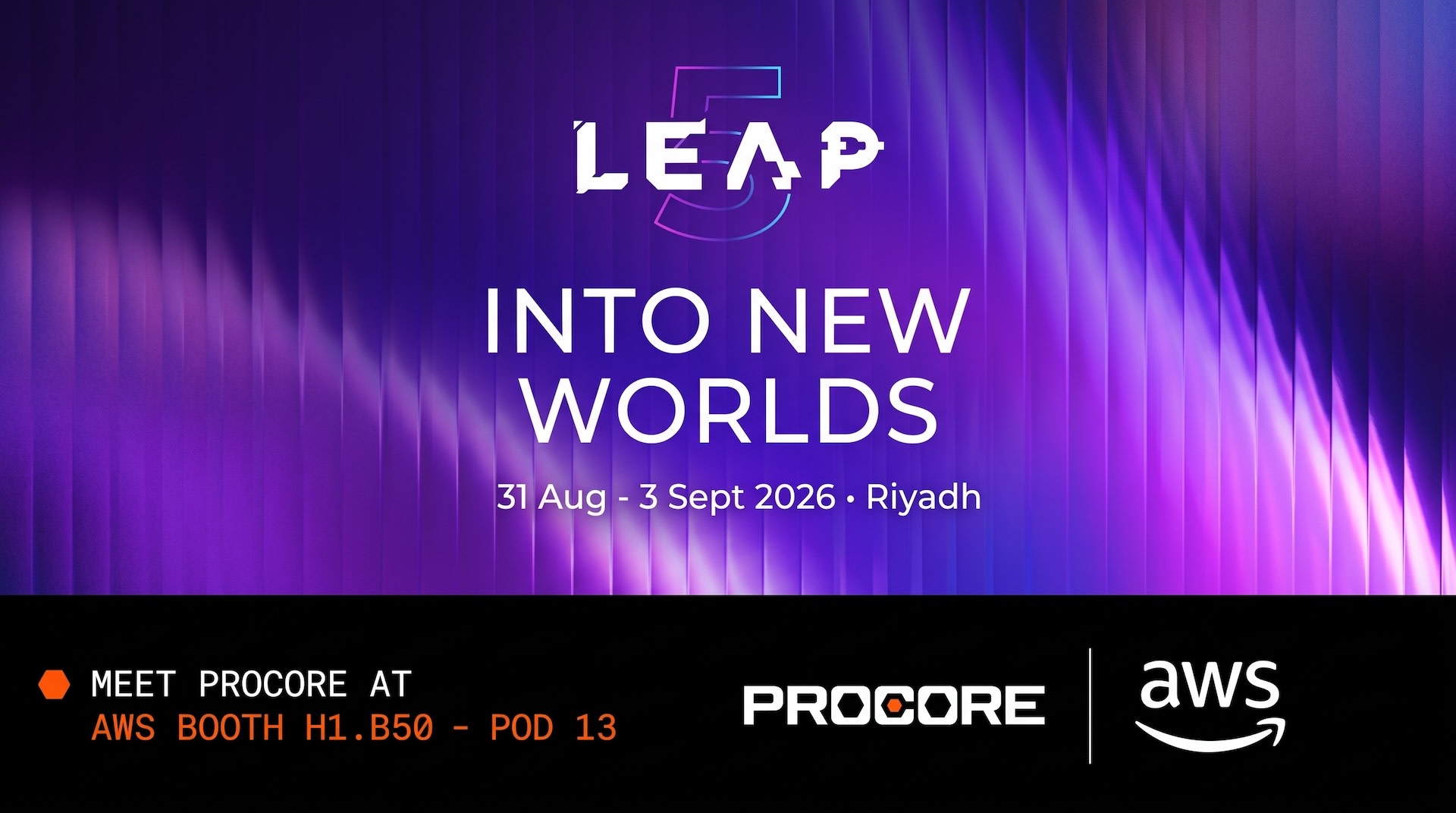 LEAP 5 event poster with purple neon background and event details for Riyadh 2026
