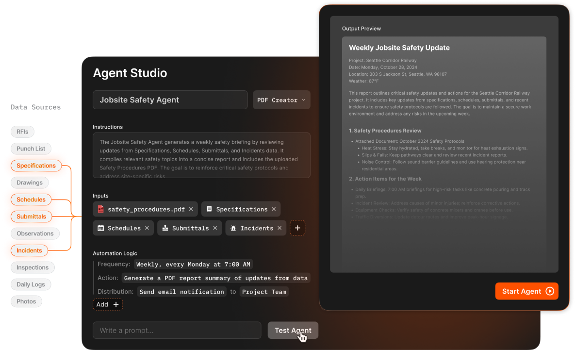 Procore Copilot Agent Studio screen