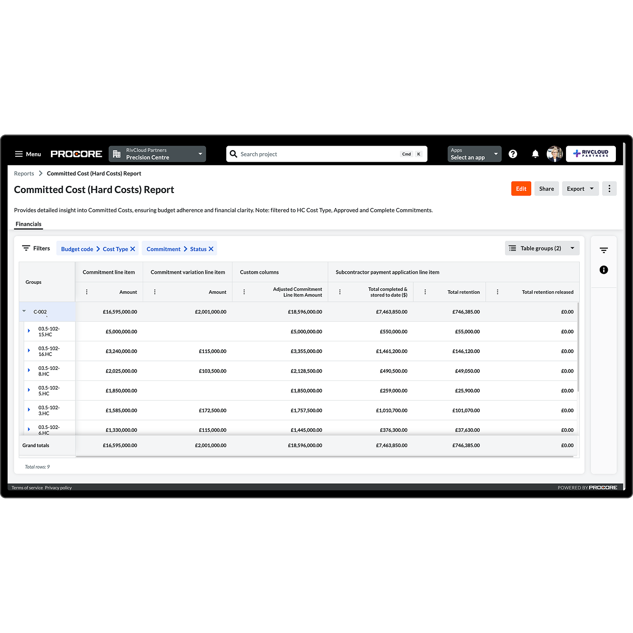 Procore's Budget tool on a desktop