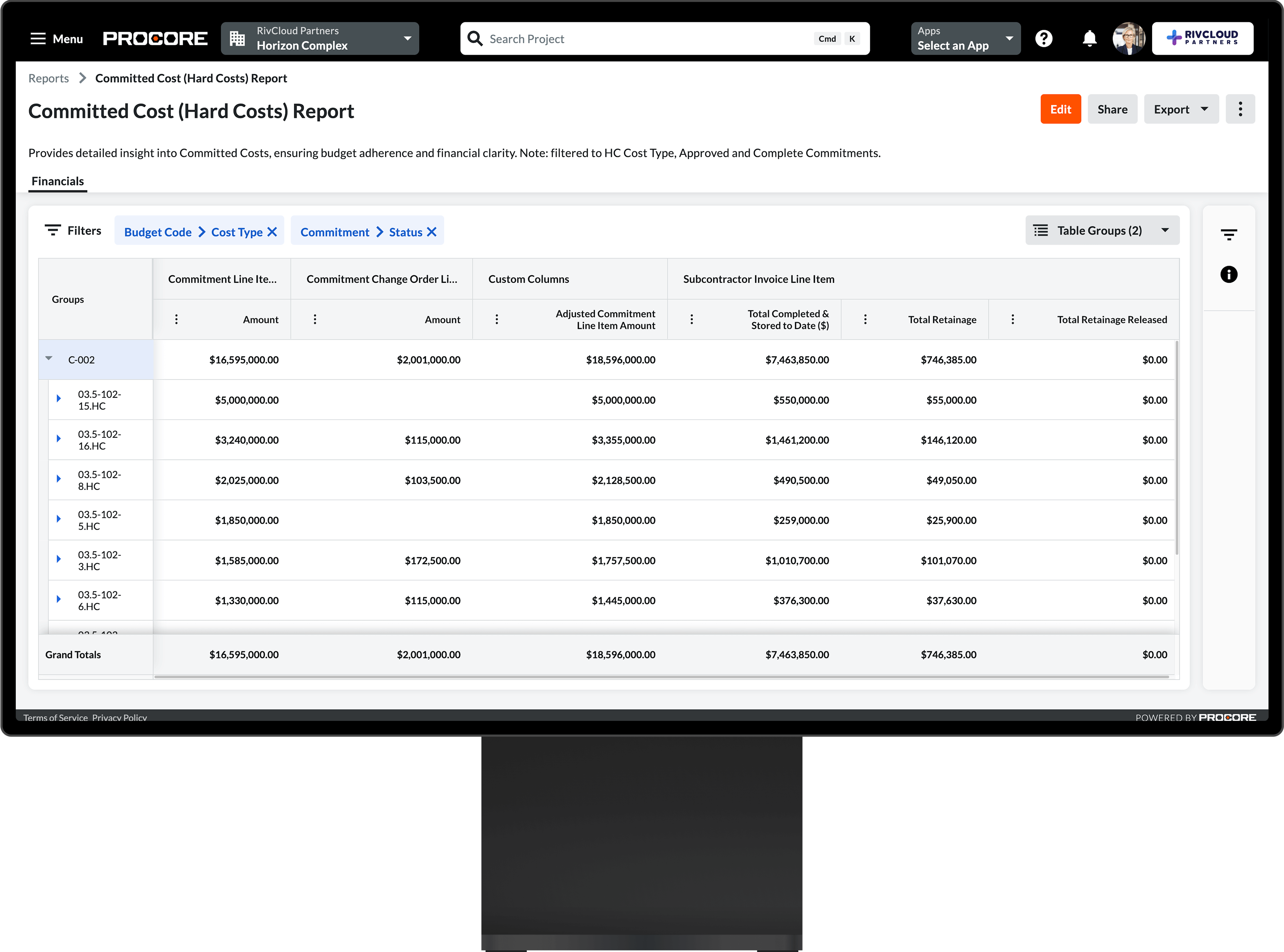 Procore's Budget tool on a desktop