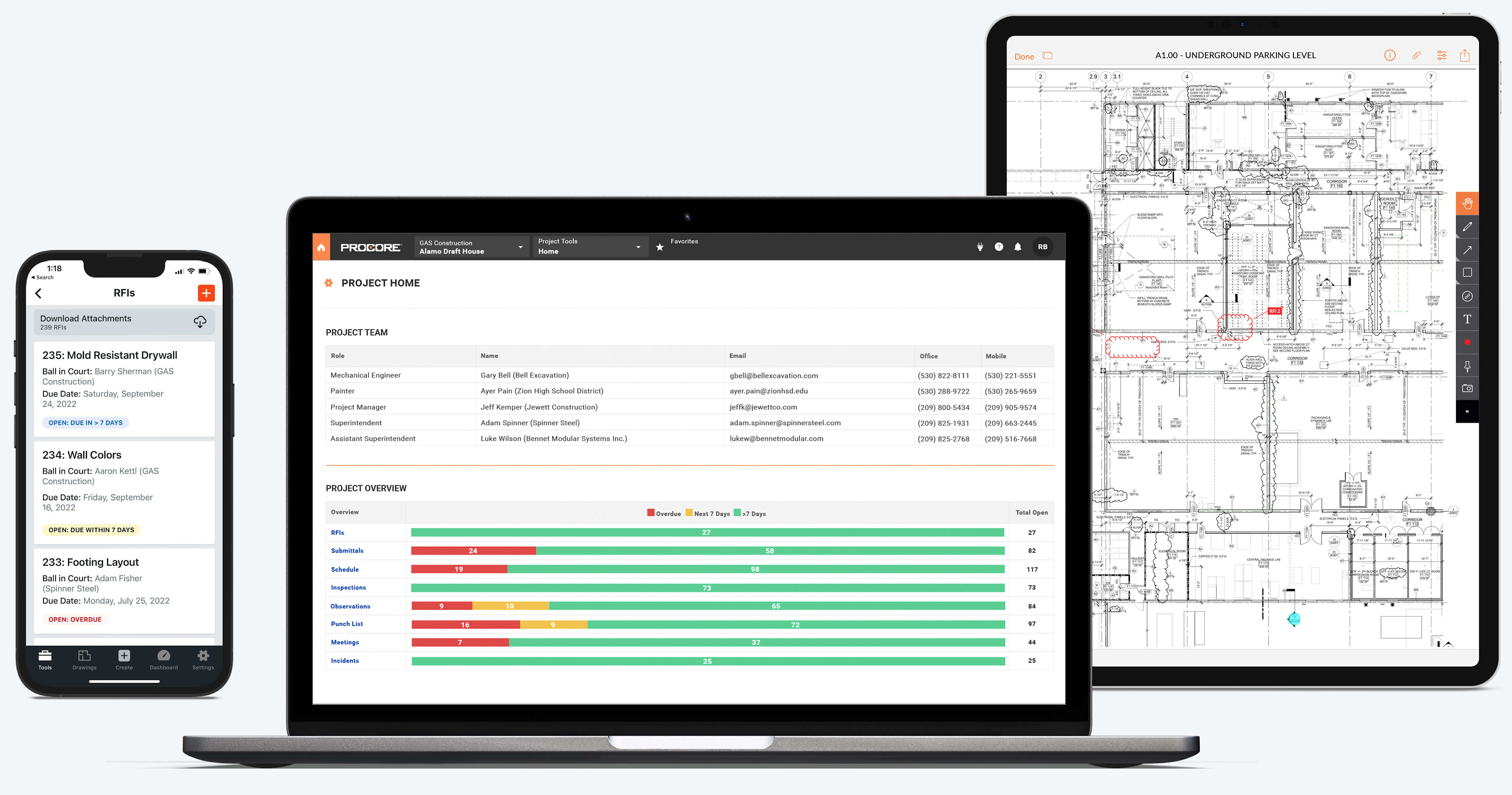 Procore's software on a phone, laptop and tablet